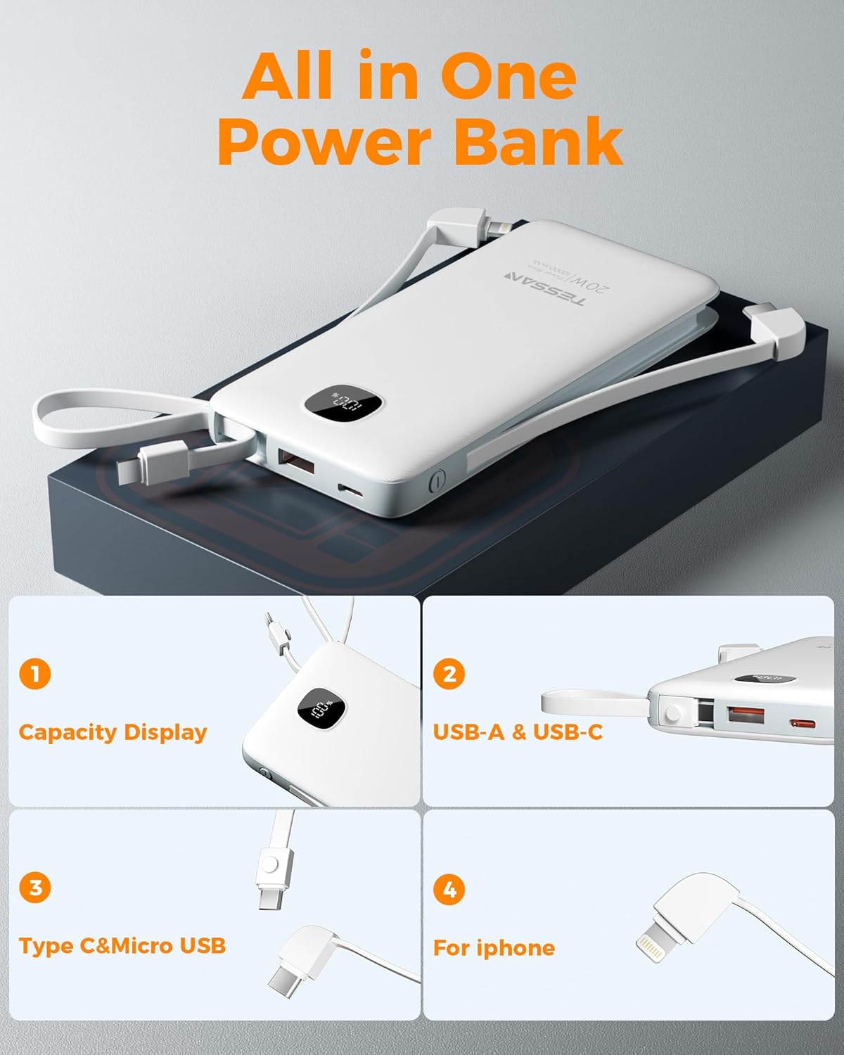 Portable Charger with Built in Cables,TESSAN 10000mAh Power Bank Fast Charging with Foldable Wall Plug Charger, PD20W Compact Battery Pack Travel Essentials for iPhone 17/16/15 Series,Samsung,Tablets