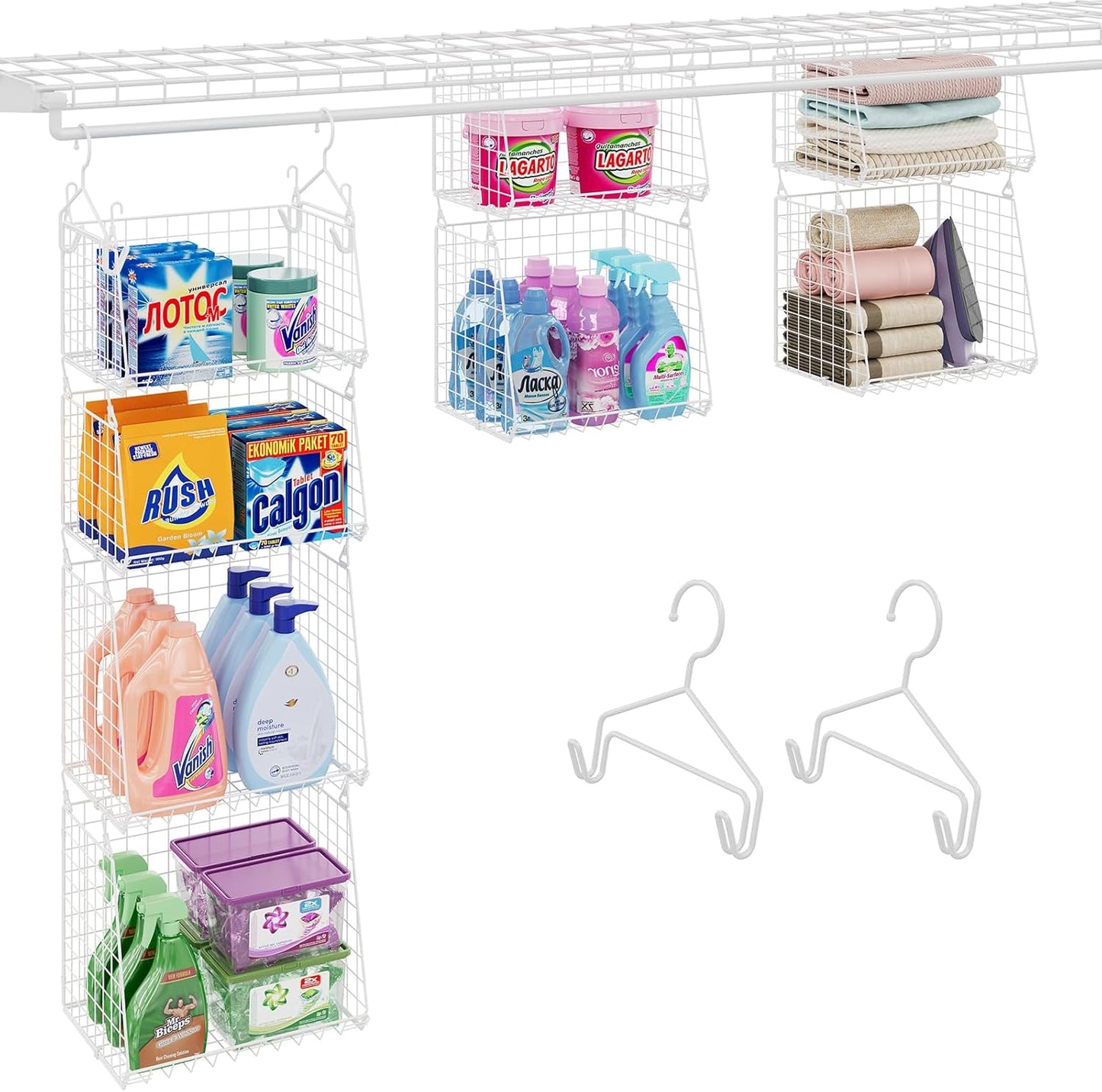 3-Pack Hanging Laundry Room Organizaton：Foldable Laundry Basket Wire Basket with 360°Rotating Hooks Small Space Organization Over Washer and Dryer Shelves - Hanging Closet Organizer, Black Patent