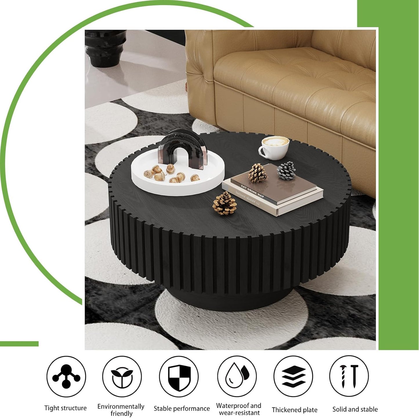 31.5" Modern Drum Coffee Table, Black | Unique Fluted Round Coffee Table, Contemporary Handcrafted Wood Tea Table for Living Room
