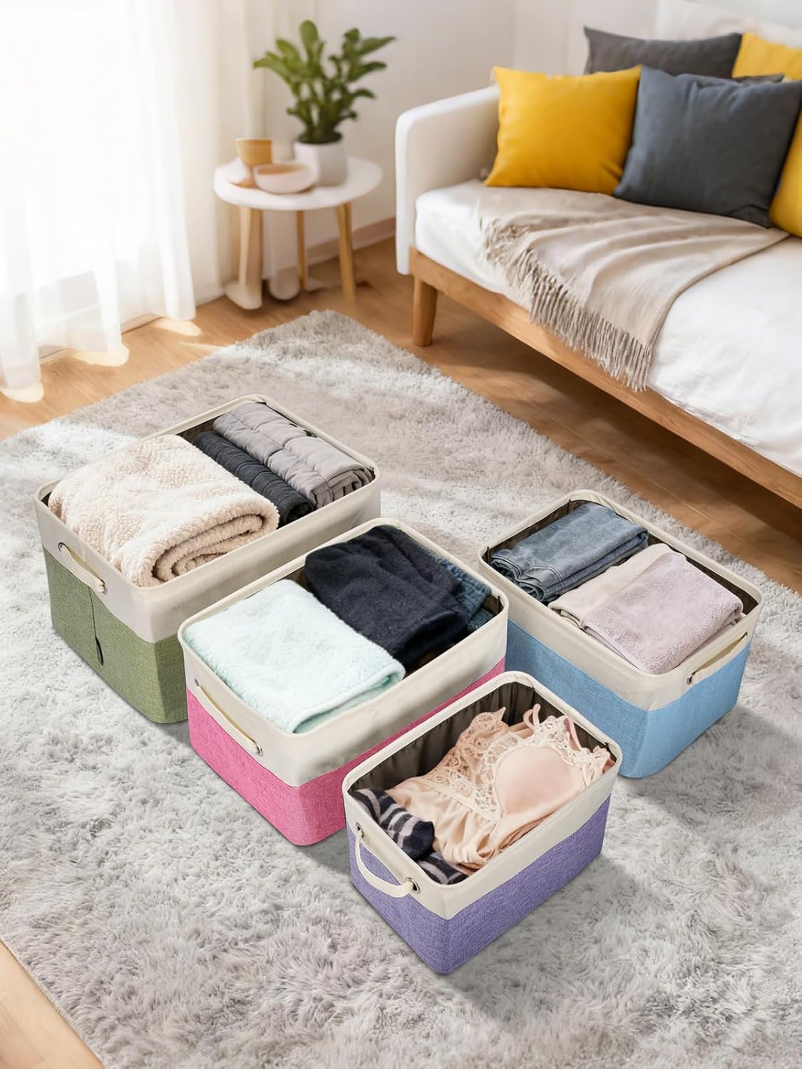 BALEINE 4 Pack Fabric Closet Storage Bins for Shelves, Linen Closet Organizers and Storage, Decorative Baskets for Organizing, Shelf, Clothes, Home, Office (Brown, 12"x8"x8")