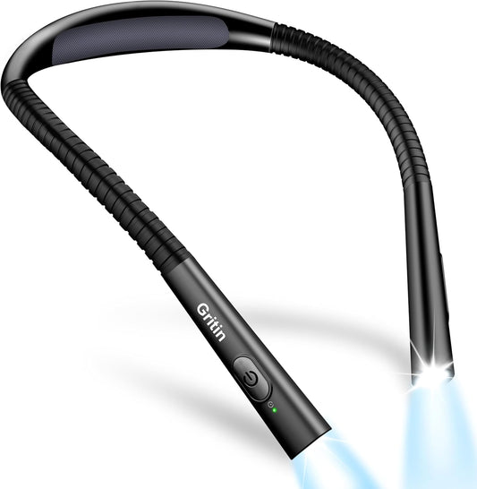 Gritin Book Light, Eye Caring 4-Color & 5-Brightness Neck Light Reading Light- Stepless Dimming,30-min Timer,80+ Hrs Runtime,Bendable Round Neck Design, Lightweight for Reading-Black