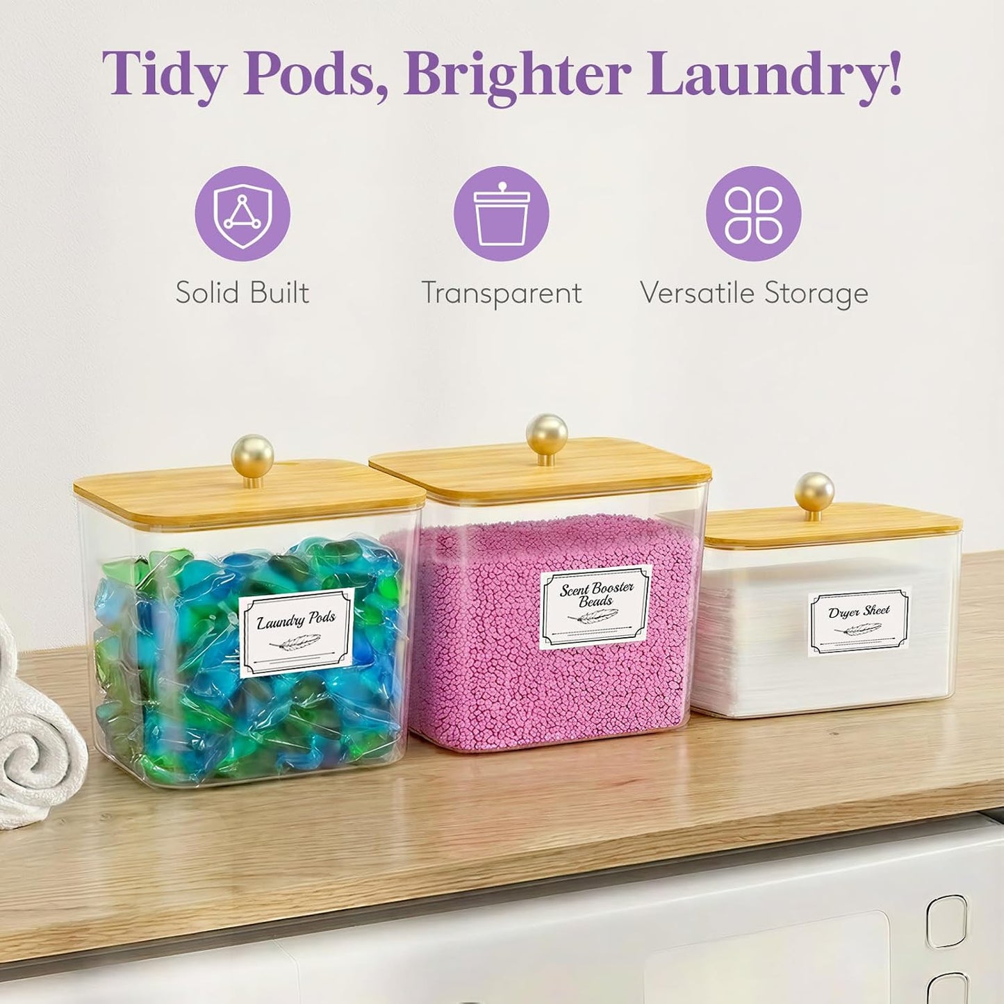 Lifewit Laundry Pods Container with Lid, Dryer Sheet Holder, Room Organization Storage for Coffee Pods Kcup Washing Powder, Scent Booster Beads, 2600 +2000ml/0.53+0.7gal，Natural,4 Pcs