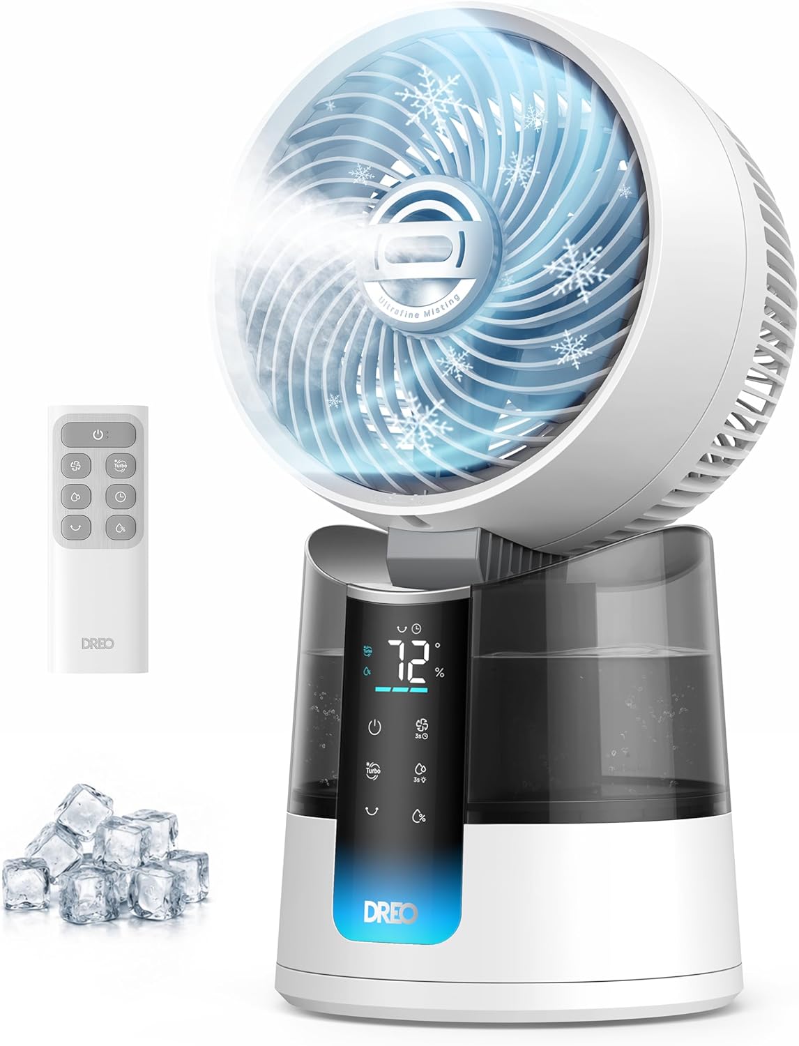 DREO TurboCool Misting Fan 516, 5℉ Drop Cooling Fans that Blow Cold Air, 150°+30° Omni-directional Oscillating, Evaporative air cooler, 26 ft/s Wind, Ultrafine Mist, 20dB 6 Speeds 2 Modes, White