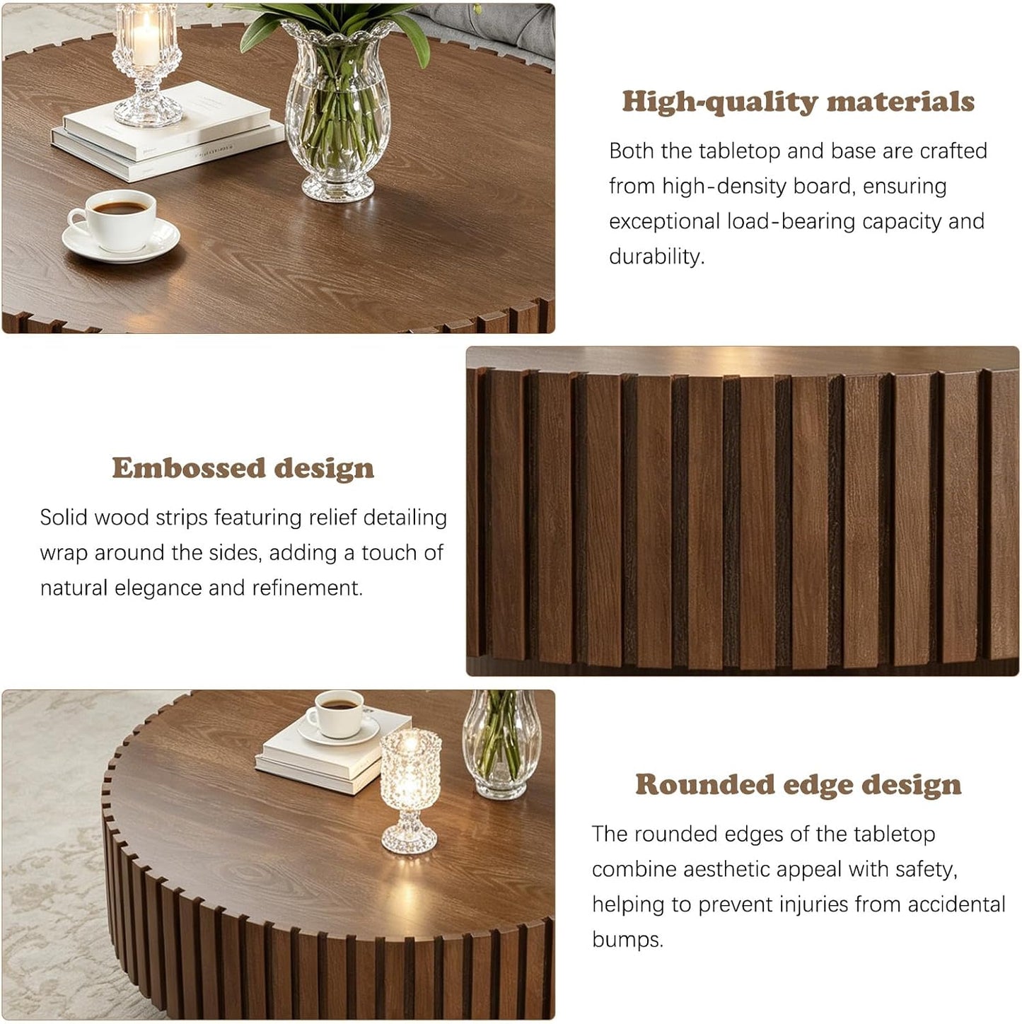 31.5" Modern Round Coffee Table (Round Brown) | Contemporary Circle Fluted Center Table, Solid Wood Relief, Vintage Wooden Accent Table, For Living Room, Small Spaces