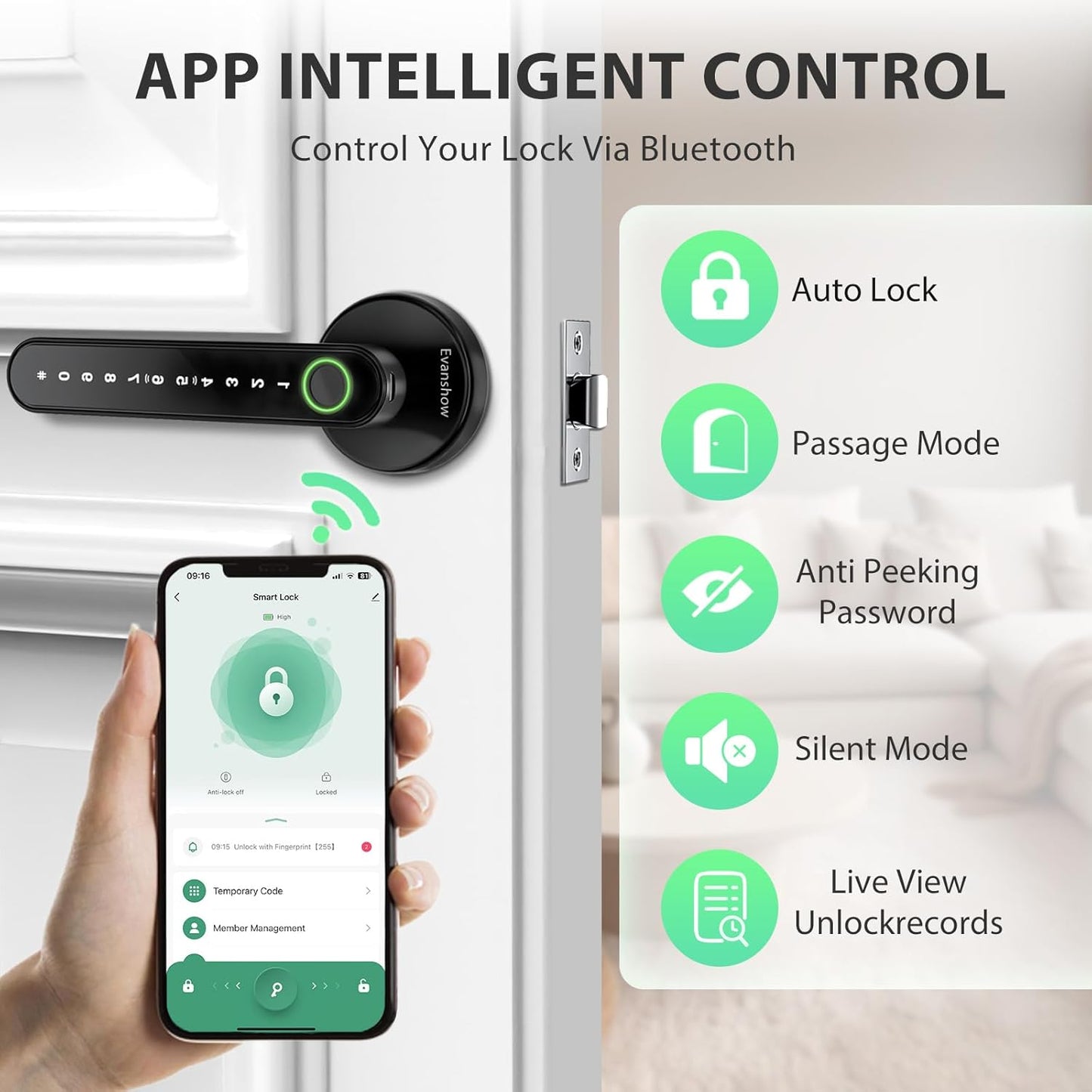 Smart Door Lock with Knob, Keyless Entry Door Locks with Handle, Fingerprint Door Knob for Bedroom/Front Door/Apartment,Generate Passcode Remotely Black
