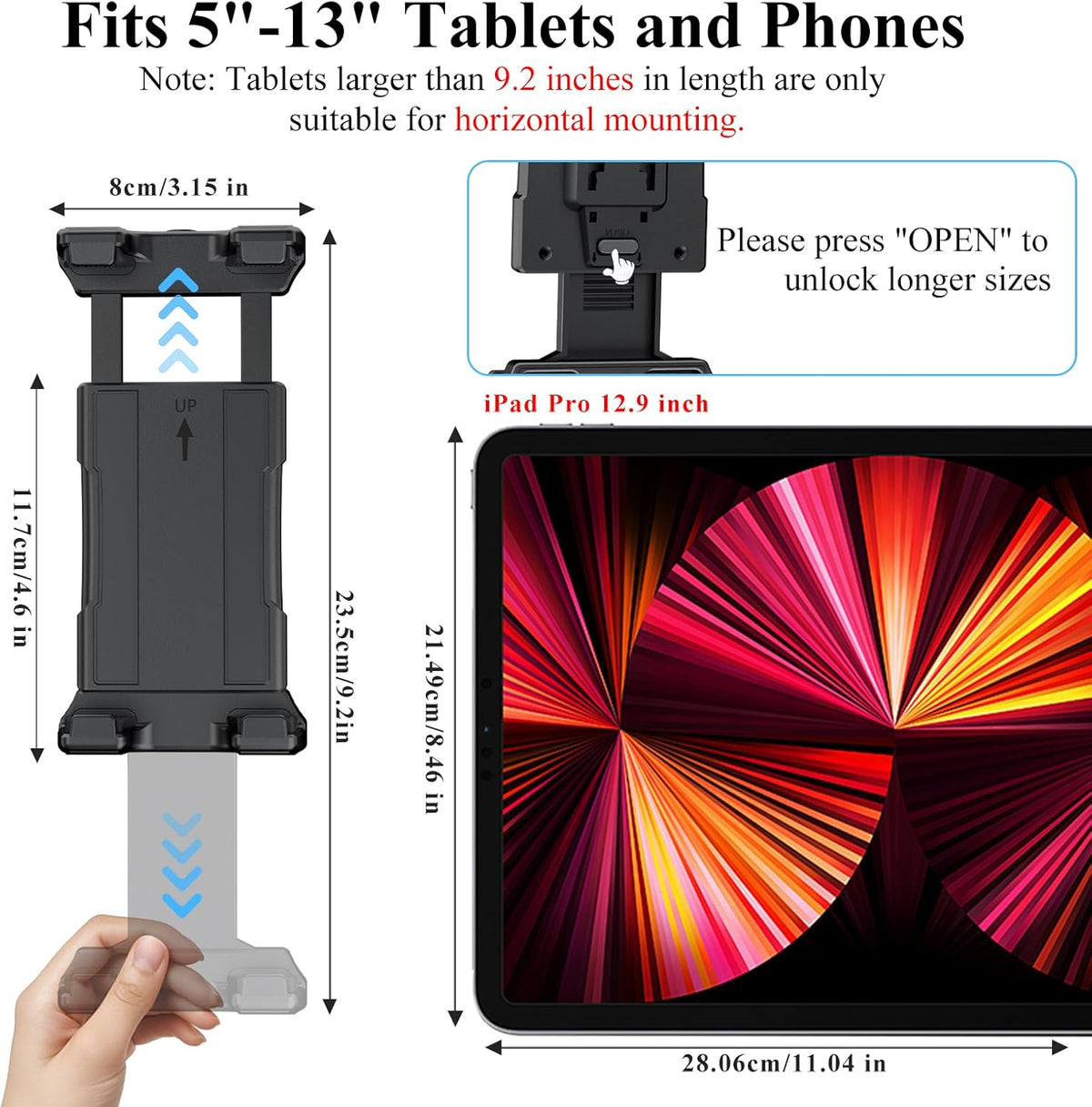 OHLPRO 4" Aluminum Arm Tablet Mount for Truck - Heavy Duty Drill Base Car Tablet Holder Compatible with iPad Samsung Tab 5"-13" Tablets and Phones, for Dashboard/Wall/Business/Desktop, etc.
