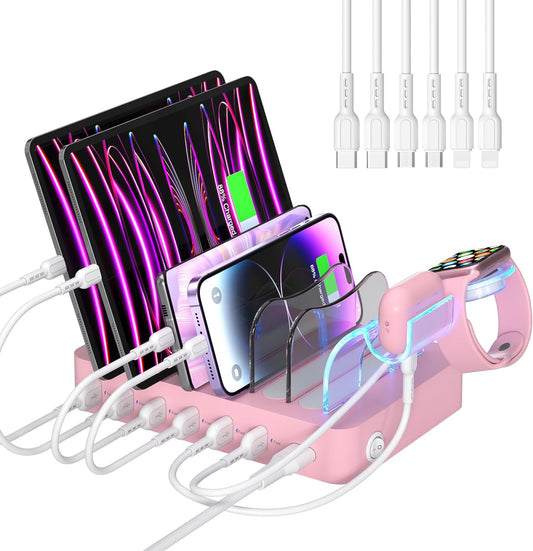 SooPii Premium 6-Port USB Charging Station Organizer for Multiple Devices | Included 6 Short Charging Cables and One Upgraded i-Watch Charger Holder for Phones,Tablets and Other Electronics, Pink