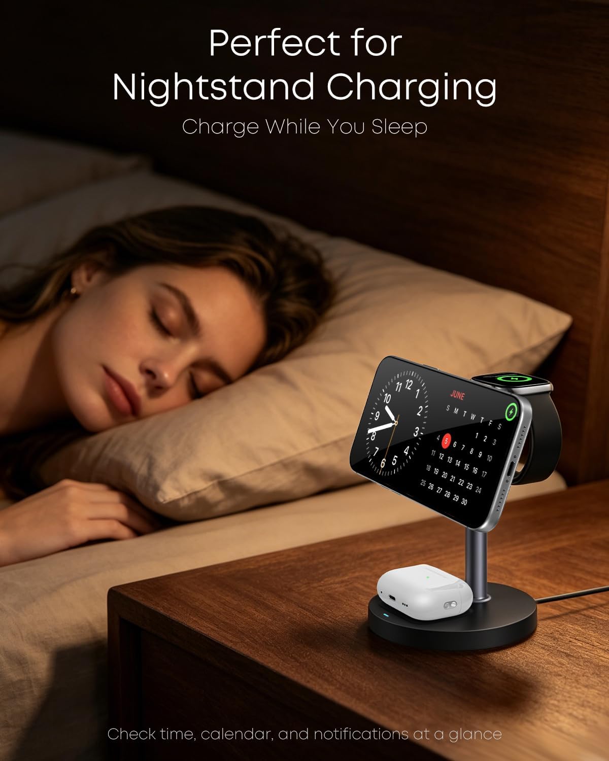 3 in 1 Magnetic Wireless Charging Station, 15W Charger for iPhone, Black | Compatible with iPhone 12-17 Series, Apple Watch & AirPods, Charges 3 Devices Together, 18W Adapter Included, 3-Year Warranty