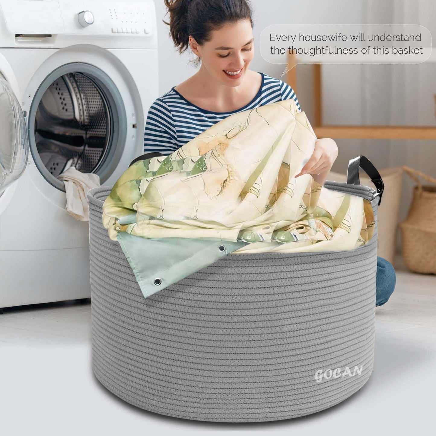 Cotton Rope Woven Laundry Basket 22"X 22"X 14" with handles(Gery) XXXL | Hand-woven, ideal for storing blankets and cushions in the living room, and clothes for household storage.