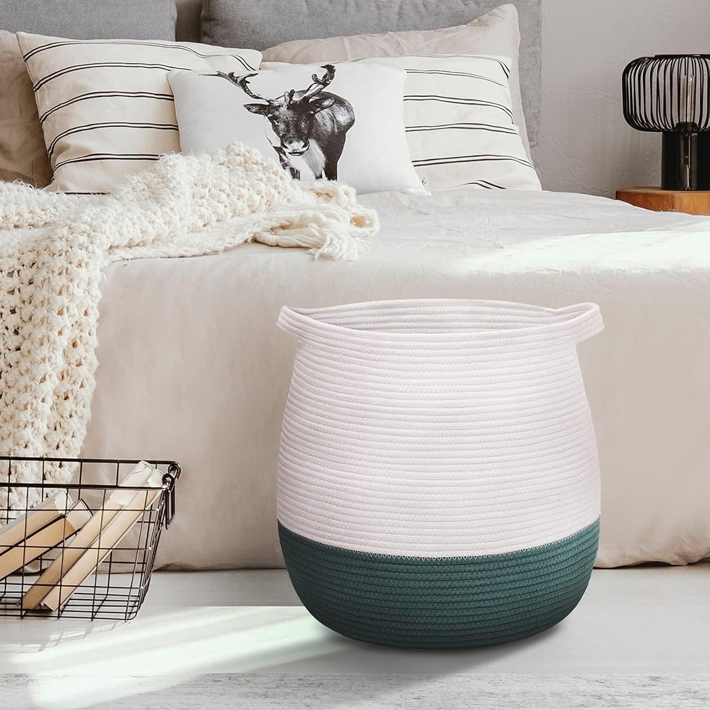 Large Cotton Rope Basket, Woven Storage Basket for Toy, Laundry and Blanket Organizer, Round Hamper Basket with Handles for Kid's Room 17.7"x16.9"
