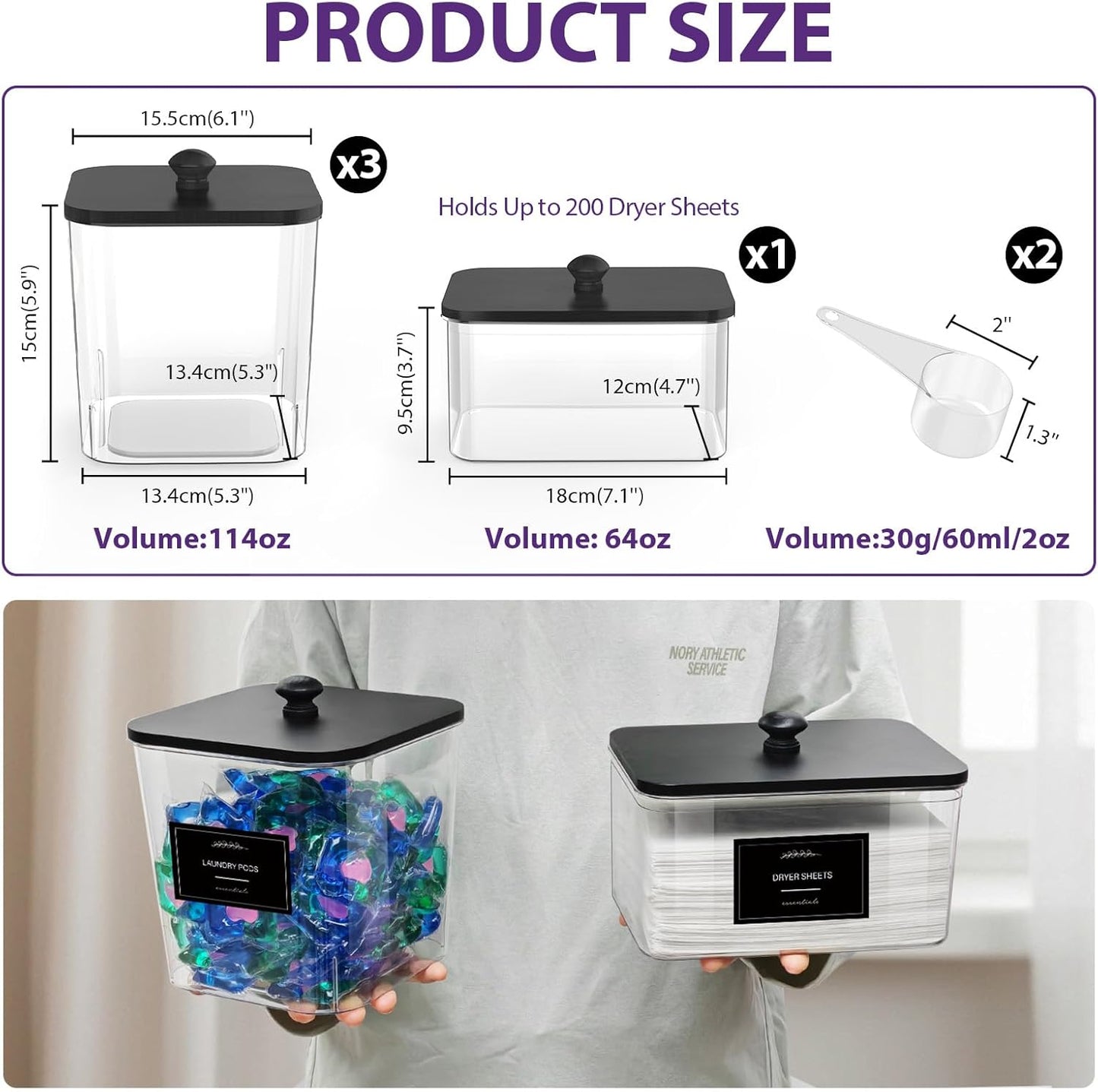 COAZEX 3+1 Pack Clear Laundry Pods Container & Dryer Sheet Holder, Plastic Square Laundry Room Organization and Storage Jars with Black Lids, Scoops & Labels for Detergent, Powder, Dryer Balls
