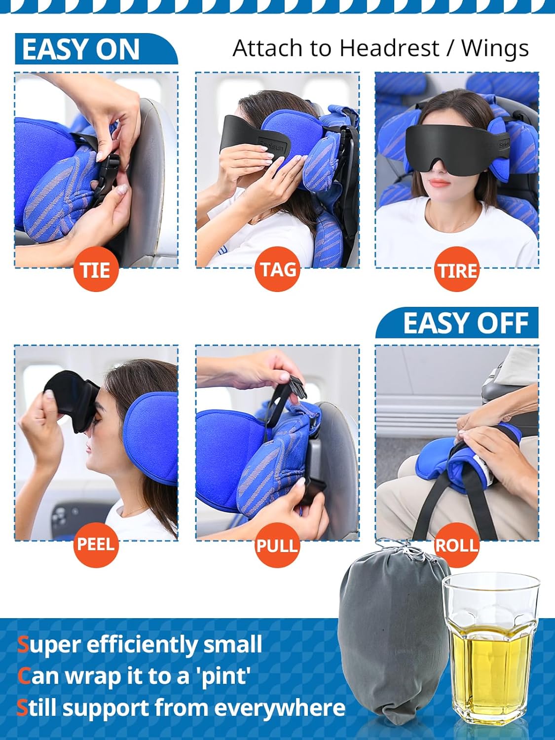 SARISUN Travel Pillows for Airplanes, Airplane Pillow with Eye Mask for Long Flight, Airplane Head Strap for Sleeping, 360° Support Headrest for Car Trip, Stop Bobblehead Travel Essential, Dark Brown