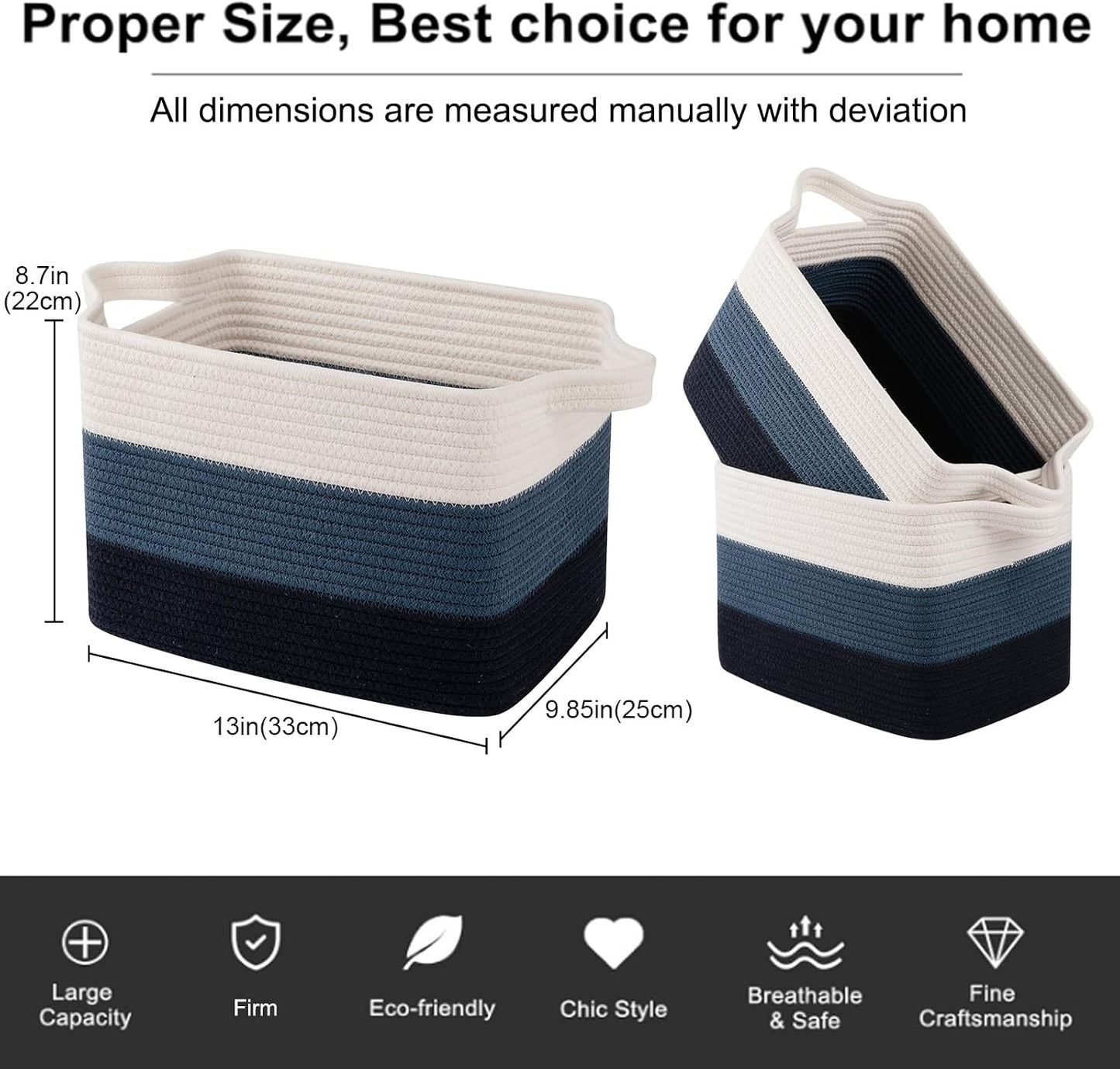 OIAHOMY Storage Basket, Woven Baskets for Storage, Cotton Rope Basket for toys,Towel Baskets for Bathroom - Pack of 3, Gradient Blue