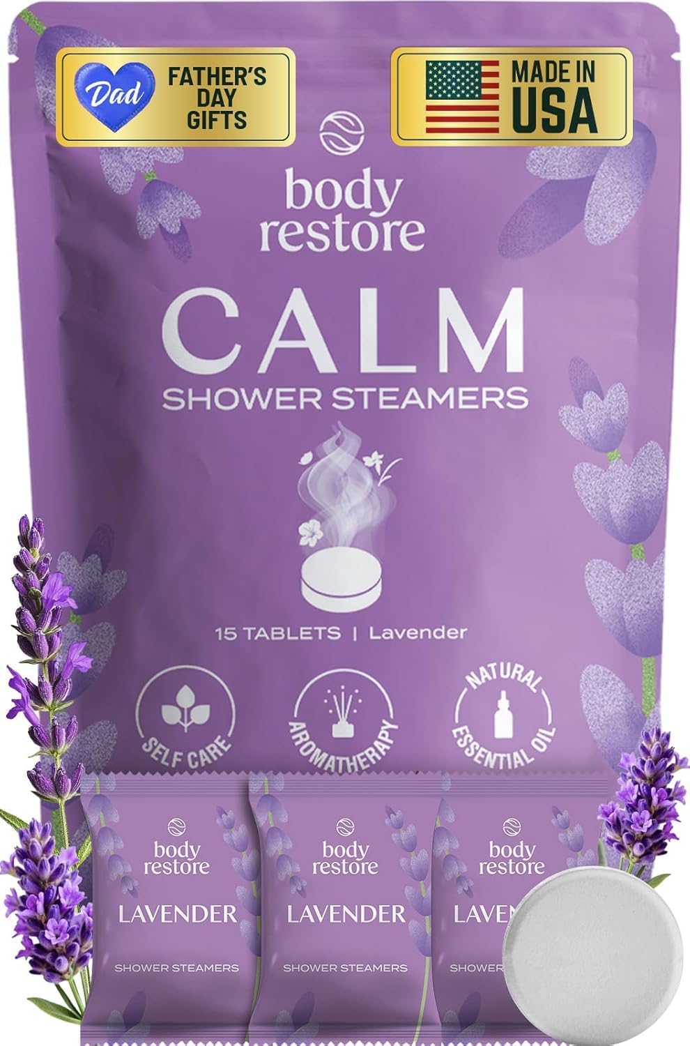 Body Restore Shower Steamers Aromatherapy 15 Pack – Fathers Day Gift for Dad, Luxury Spa Gifts for Men, Relaxation Stress Relief Self Care – Premium Lavender Essential Oil Tablets
