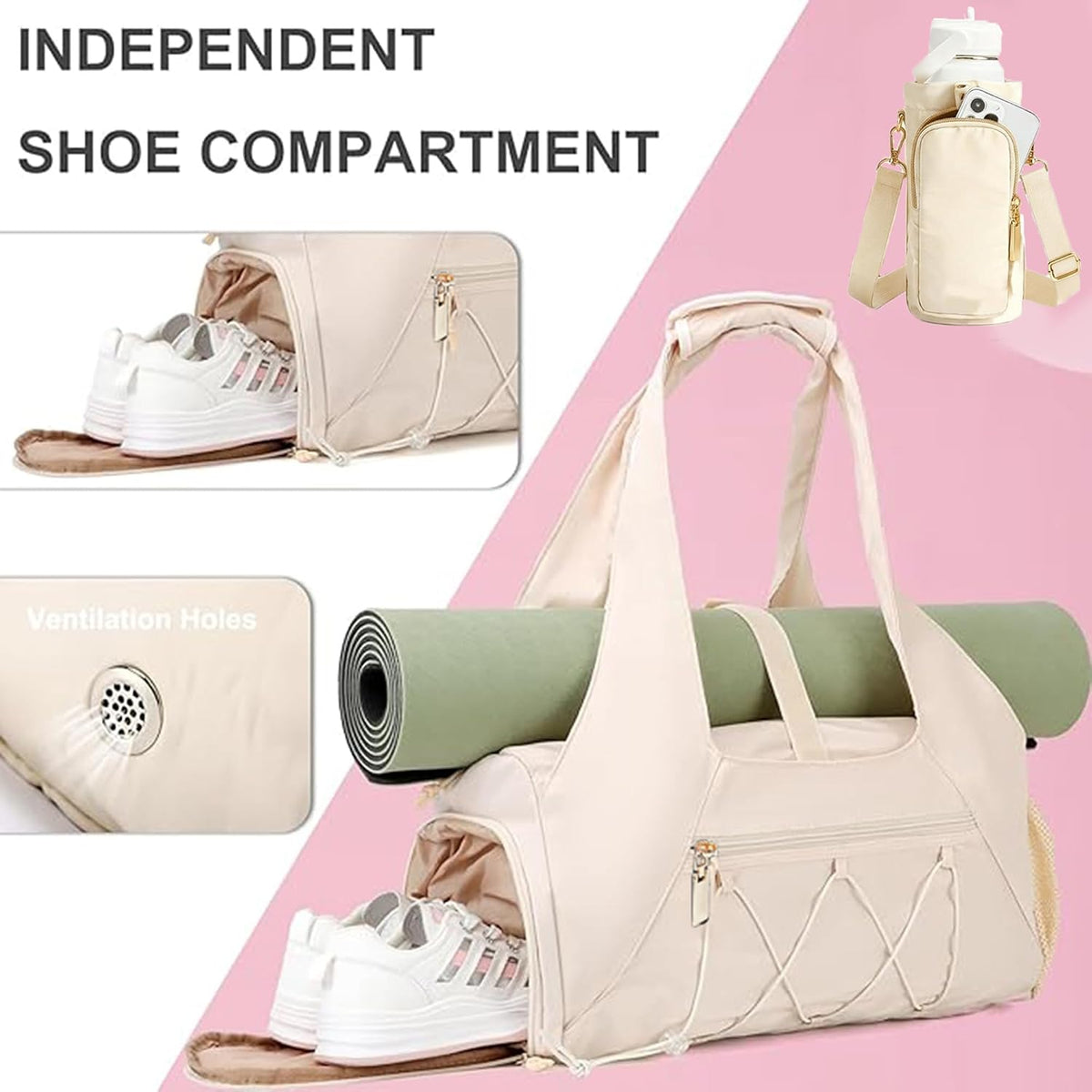 Gym Bag for Women, Yoga Mat Bag with Shoe Compartment and Wet Pocket, Sport Yoga Gym Bag with Yoga Strap, Carryall Yoga Tote Bag
