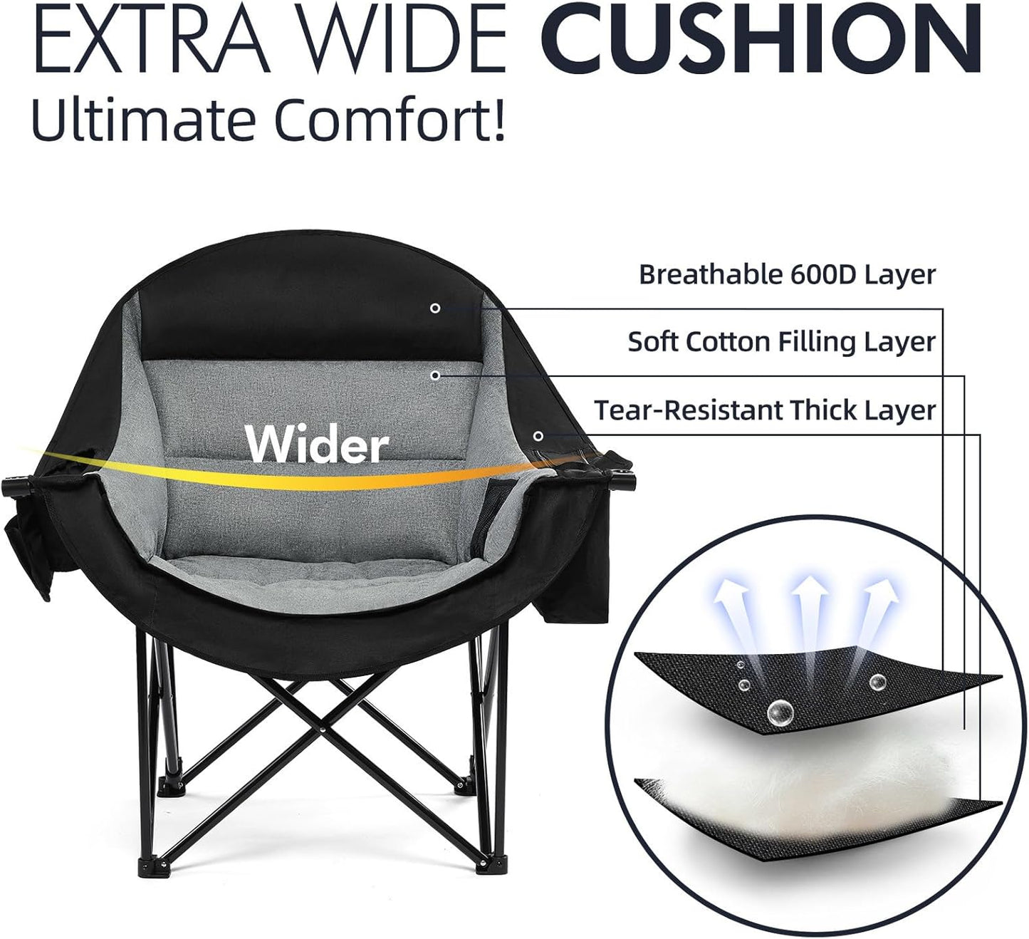 Oversized Camping Chair for Adults - Heavy Duty Outdoor Padded Large Lawn Camp Chair with Cup Holder Cooler Pockets for Sports Beach Fishing Garden Portable Supports 500lbs, Black/Grey 2 Pack