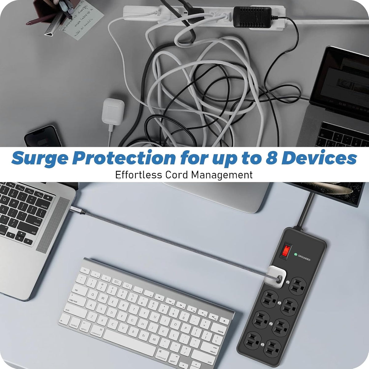 HEZI 15Amp Heavy Duty Surge Protector with 8 Outlets,14 AWG 6FT Extension