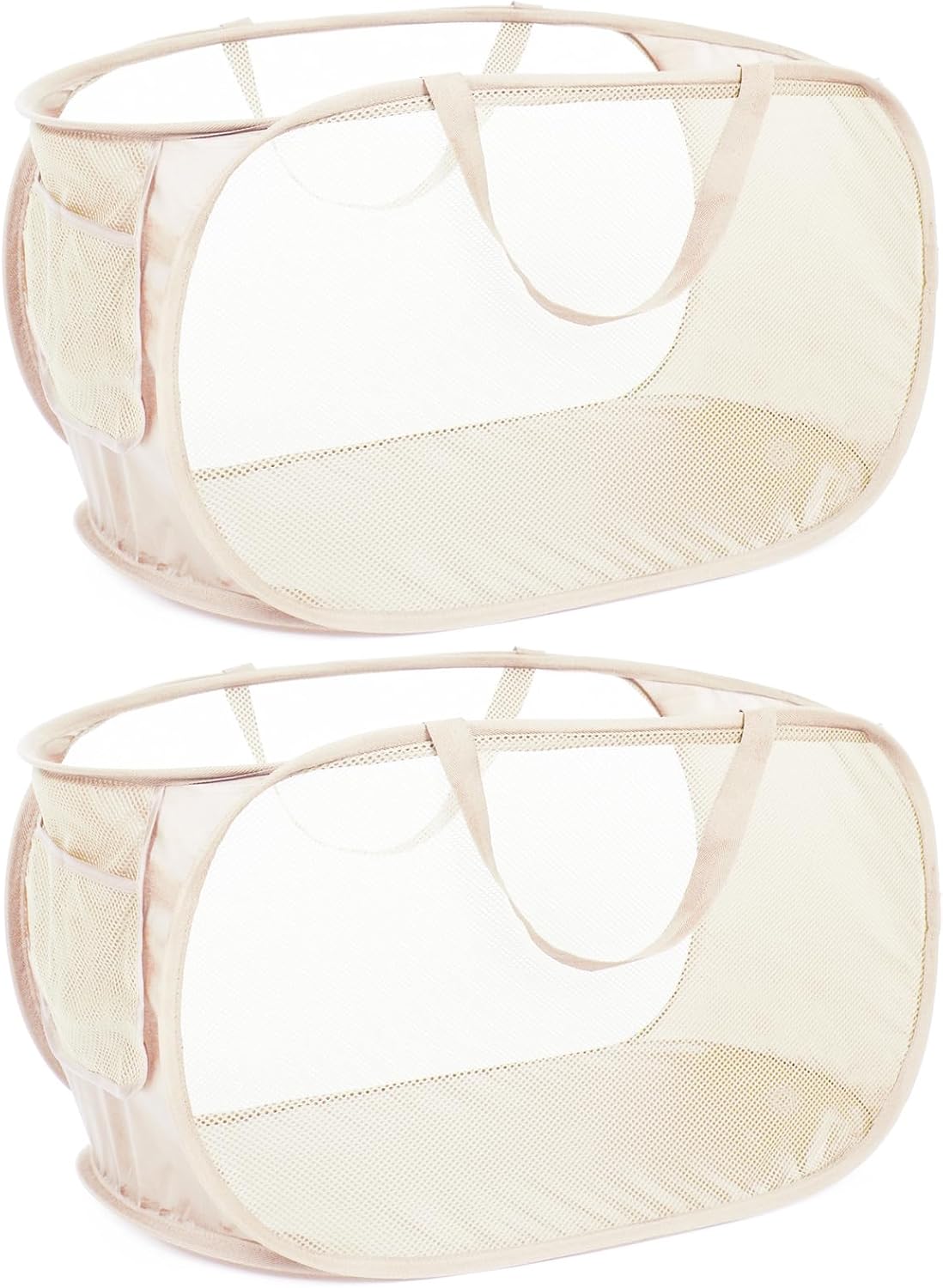 Durable Collapsible Laundry Baskets, Mesh Pop Up Laundry Hamper with Side Pocket, Foldable Clothes Hamper with Reinforced Carry Handles for Laundry, Bathroom, Kids Room, Dorm or Travel 2 Pack Beige