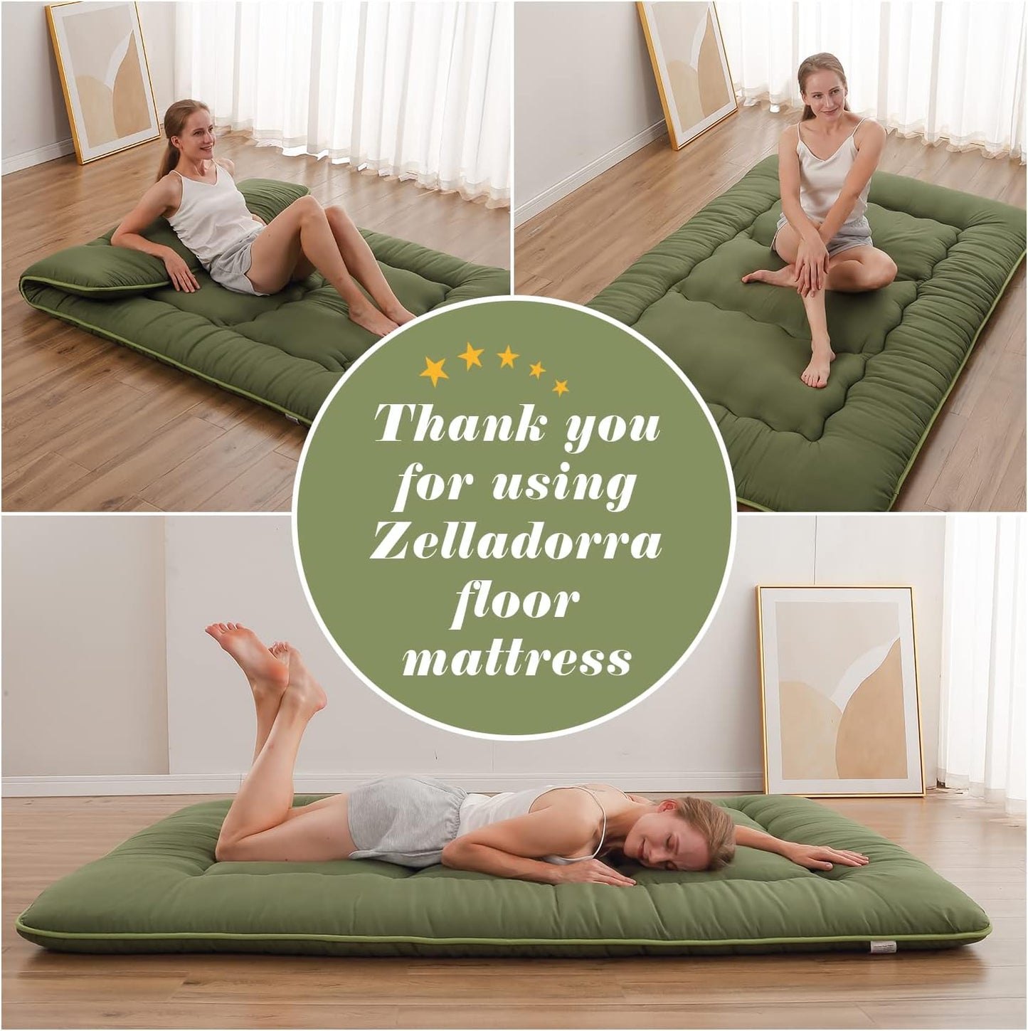 Zelladorra Japanese Floor Mattress, Futon Mattress with Portable Storage Bag and Washable Cover, Roll Up Thick Tatami Mat Suitable for Camping, Guest Room, Green, Twin
