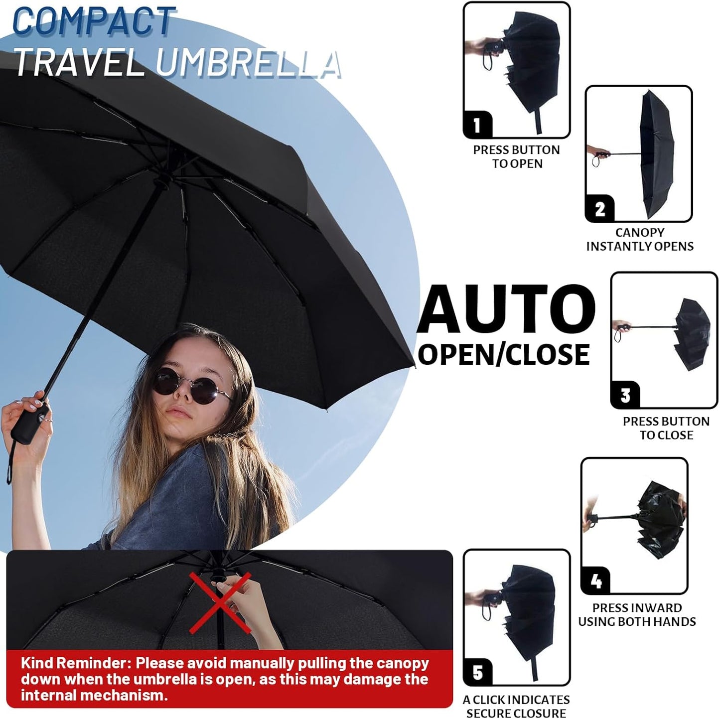 SY COMPACT Travel Umbrella - Windproof Automatic Compact Umbrella for Rain, Lightest 8-Rib, Small, Strong & Portable, Durable Grip, Fits Backpack & Car, Factory Direct (UV Available)