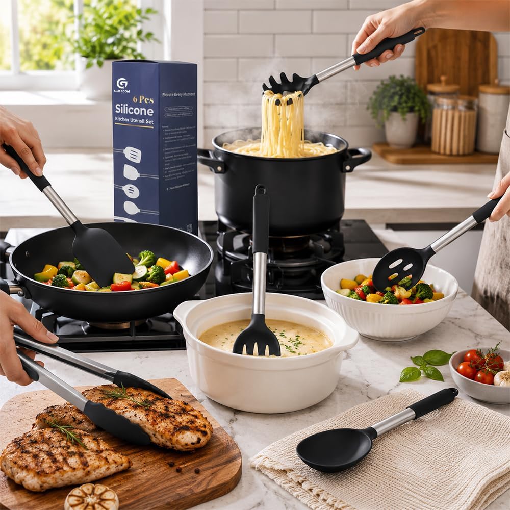 Silicone Cooking Utensils Set 6 PCS, Heat Resistant Non Stick Spatula Spoon Turner Kitchen Tools – BPA Free Non-Toxic Utensils for Nonstick Pots Pans, Baking Mixing Serving Accessories, Black