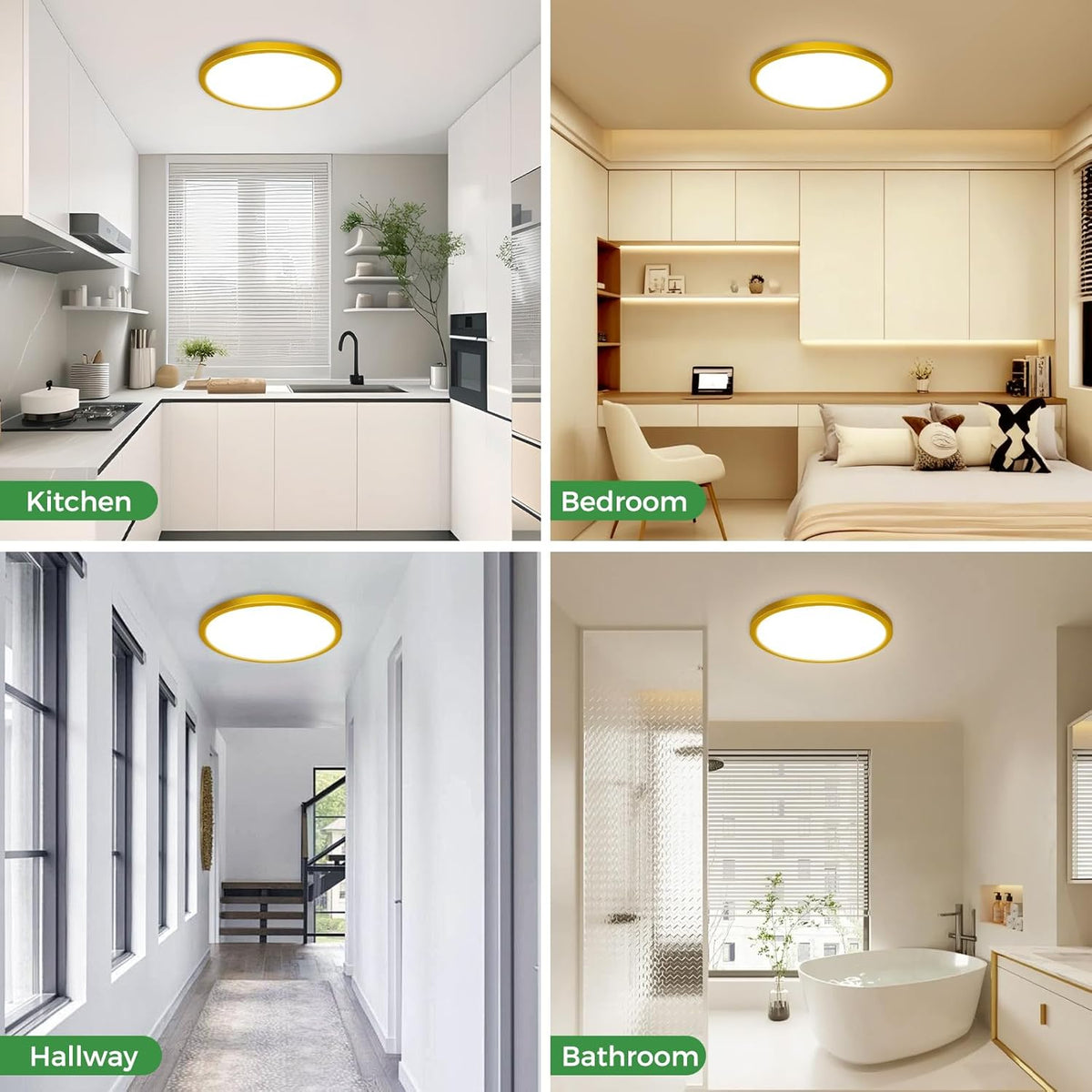 zemty 1Pack LED Flush Mount Ceiling Light, 12Inch 24W Dimmable Ceiling Lights Fixture, 5 Color Temperatures (3000K-6500K) Gold Round Ceiling Lamp for Bedroom, Kitchen, Hallway,Bathroom