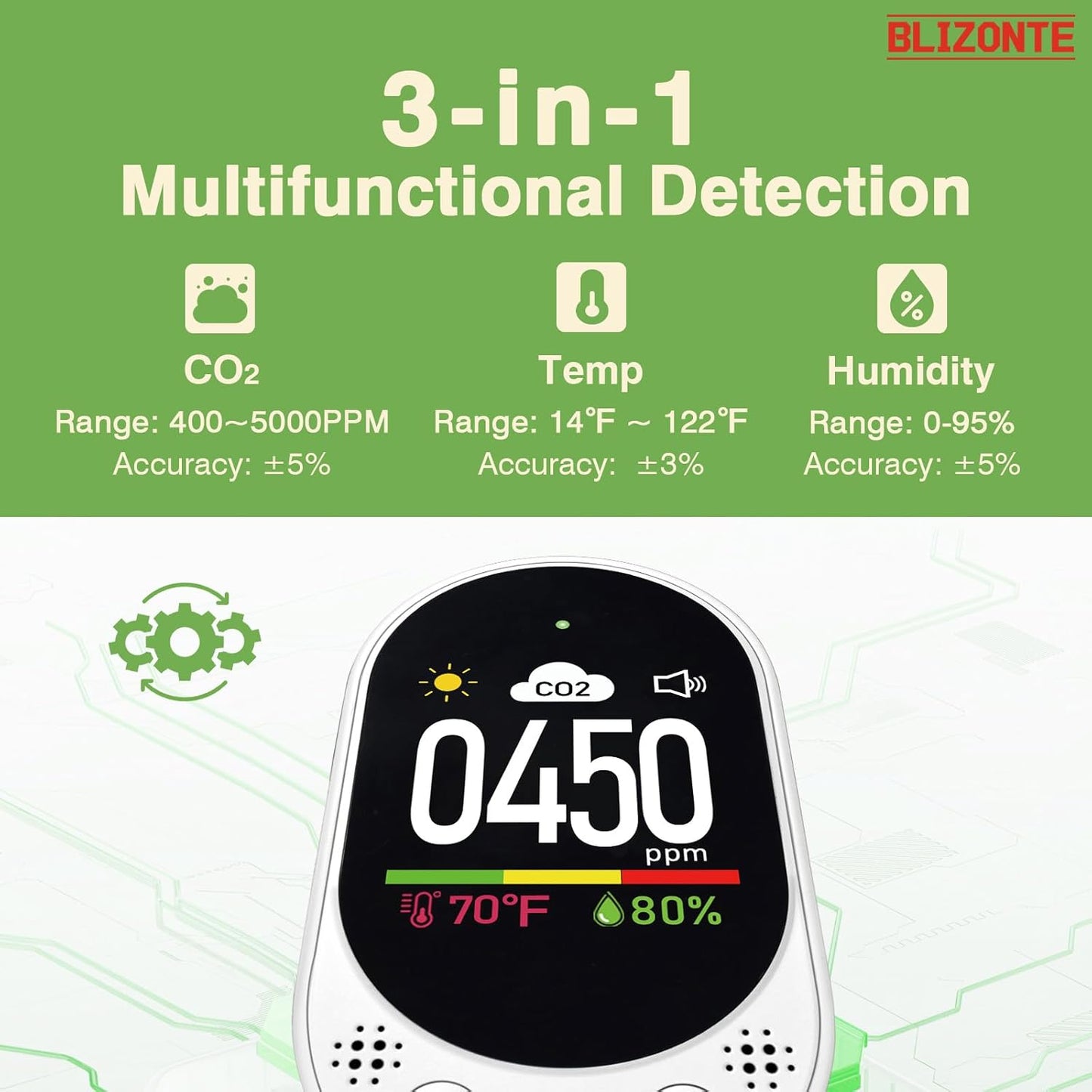 Indoor Air Quality Meters Plug-in Wall, 3-in-1 Air Detector(CO2,Temp and Humidity), Supports Manual Calibration&Customizable Thresholds, Visual & Audible Reminder, for Homes, Offices 1Pack