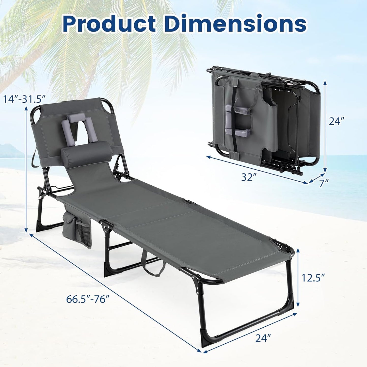 COSTWAY Tanning Chair with Face Hole, Folding Beach Lounge Chair with 4-Position Adjustable Backrest, Pillow & Side Pocket, Foldable Chaise Lounge Chair Outdoor for Sunbathing, Camping (1, Grey)