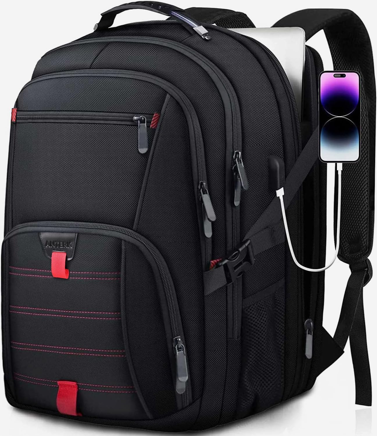 ANTERK Extra Large Travel Laptop Backpack, 17.3 Inch Carry on Backpack for Men Women, Big Anti Theft Water Resistant College Bussiness TSA Airline Approved Work Computer Backpack, Black