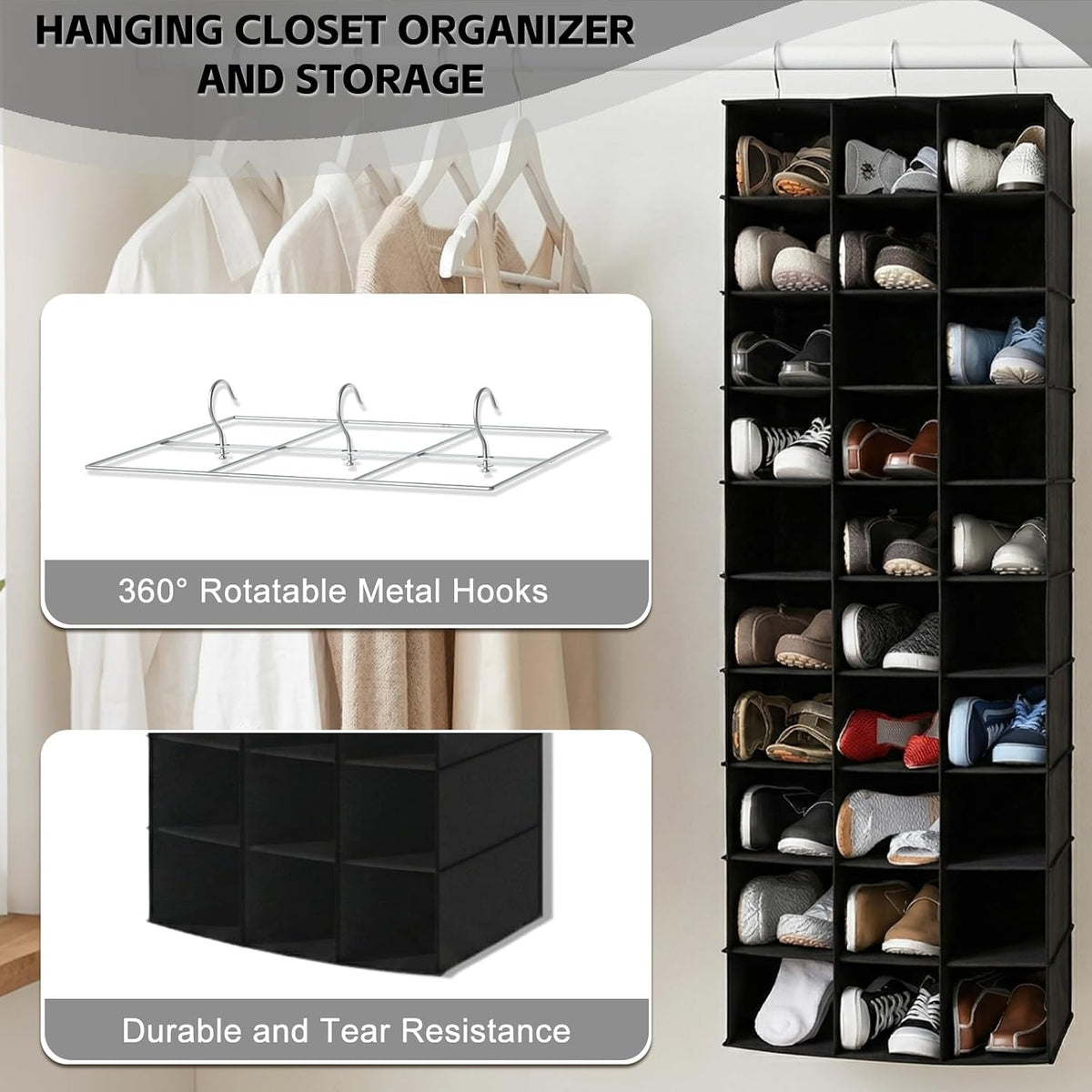 30 Section Hanging Shoe Organizer for Closet, Black