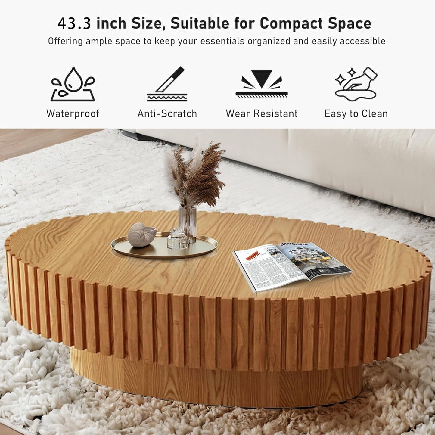 43.3" Oval Coffee Table for Living Room (Wood) | Oval Drum Fluted Coffee Table, Modern Handcrafted Fluted Drum Coffee Tables for Living Room