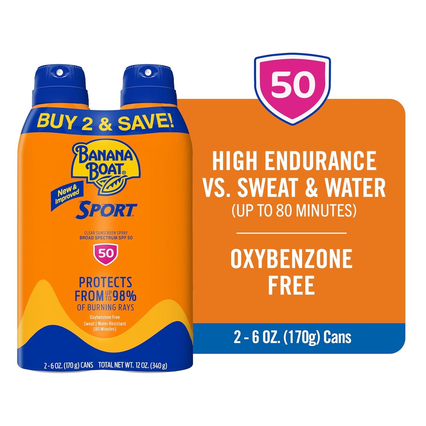 Banana Boat Sport Ultra SPF 50 Sunscreen Spray | Banana Boat Sunscreen Spray SPF 50, Water Resistant, Oxybenzone Free, Sunblock, 6oz each Twin Pack