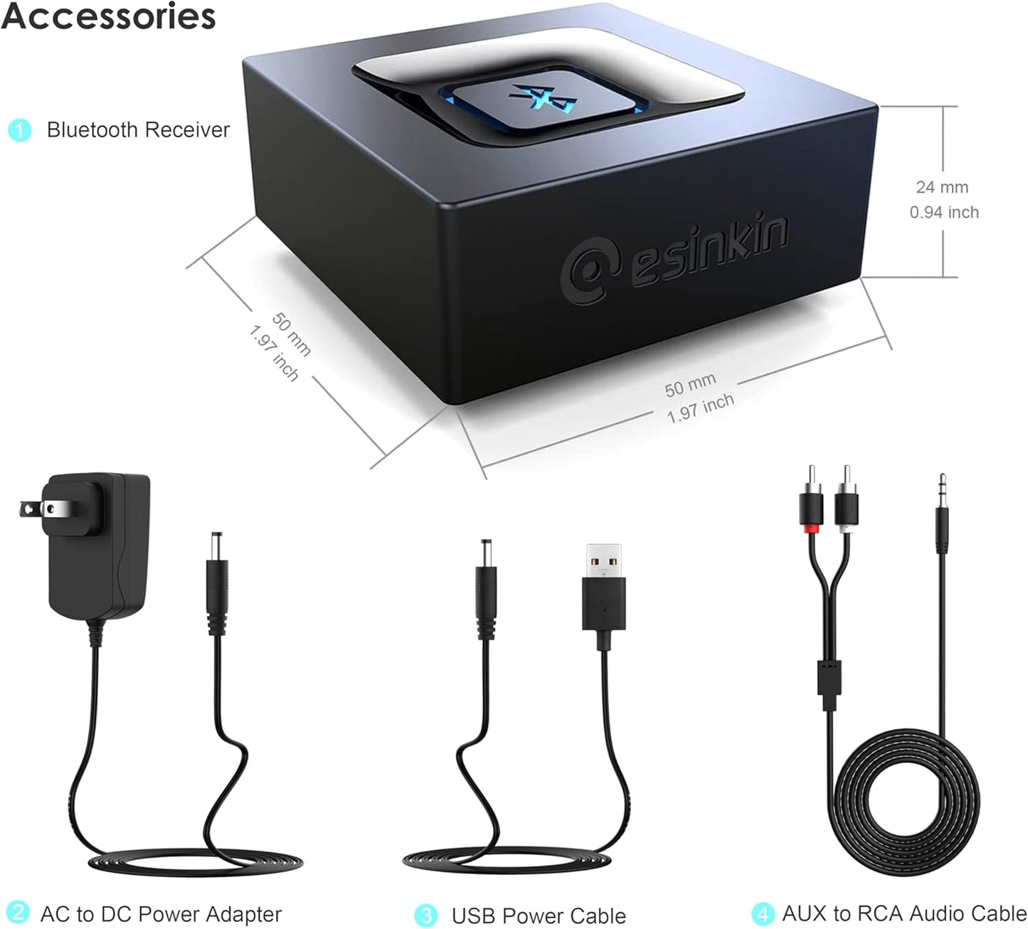 Bluetooth Audio Adapter for Music Streaming Sound System, Esinkin Wireless Audio Adapter Works with Smartphones and Tablets, Bluetooth Receiver for Home Stereo