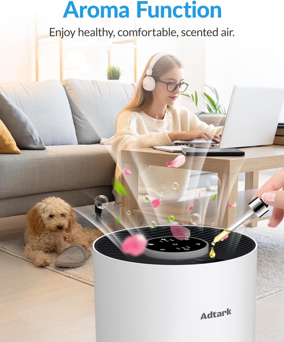 Air Purifiers for Home Bedroom, ADTARK Air Cleaner with 3-in-1 Filter, Sleep Mode & Aroma Function, 3 Light Modes, Room Air Purifier with 3 Timer for Office, Dorm, Hotel (White)