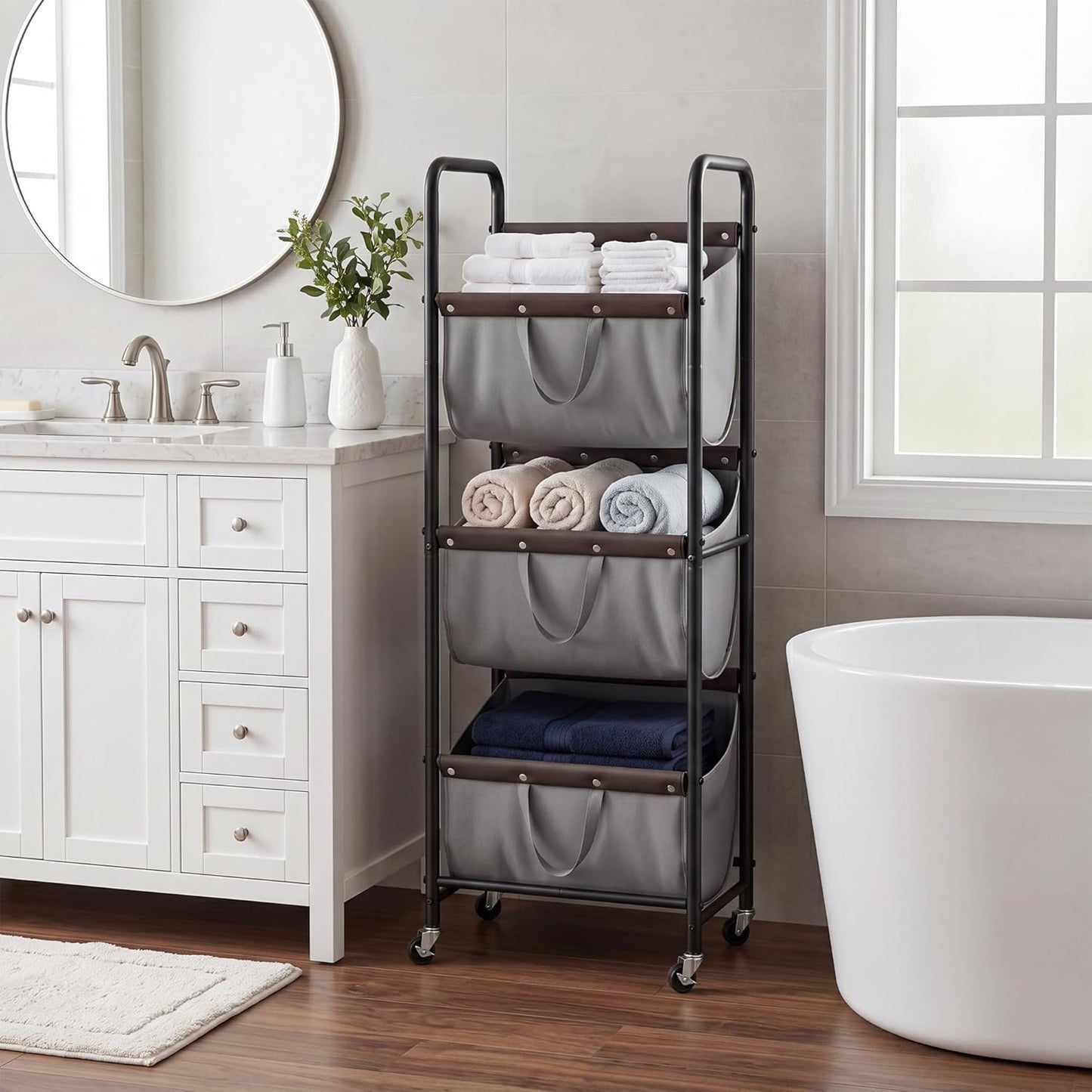 GRANNY SAYS 3 Section Tiered Laundry Sorter, Slim Vertical Laundry Hamper with Wheels, Narrow Rolling Laundry Cart with Removable Bags for Laundry Room, Bathroom, Closet, Dorm, Grey