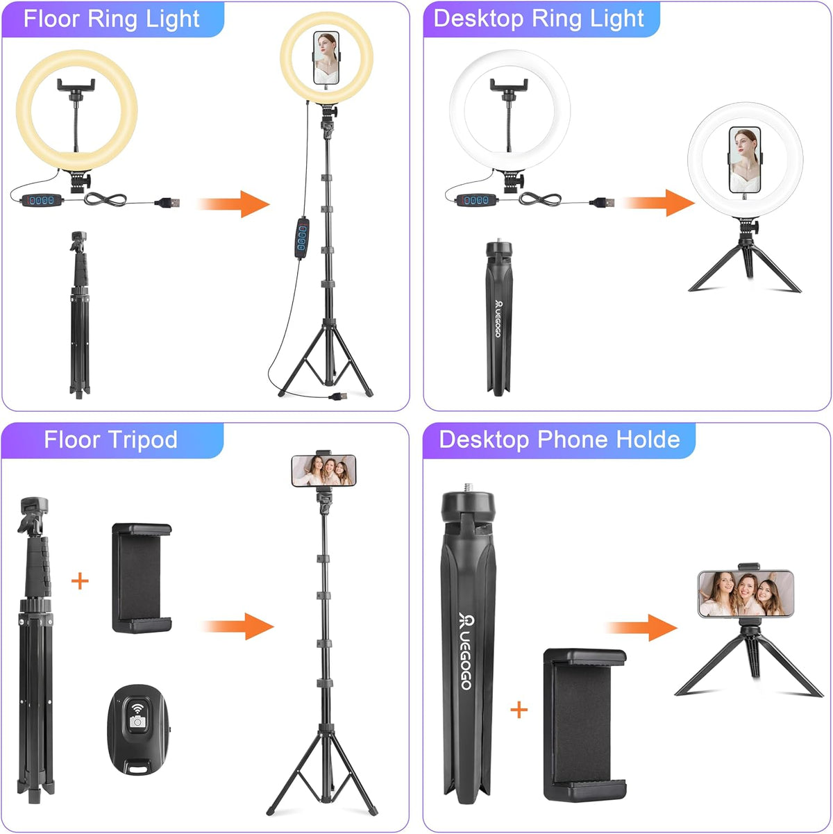 UEGOGO 10'' Ring Light with 72'' Tripod Stand & Phone Holder，38 Color Modes Dimmable LED Ringlight for Live Stream, YouTube,Makeup,TikTok