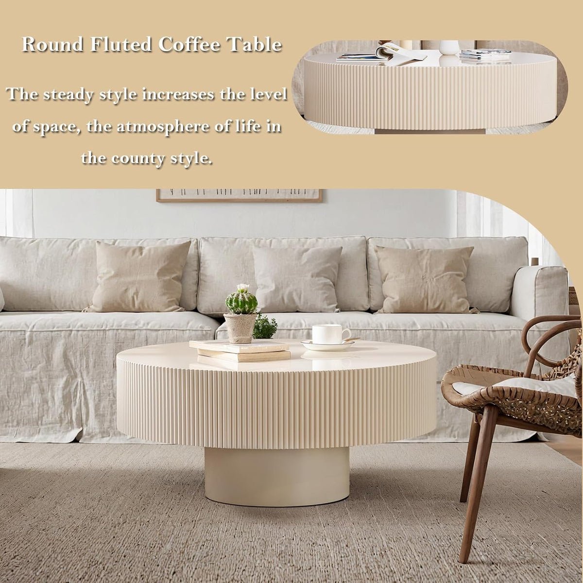 30.9" Cream Rustic Drum Round Coffee Table (C30.9in)