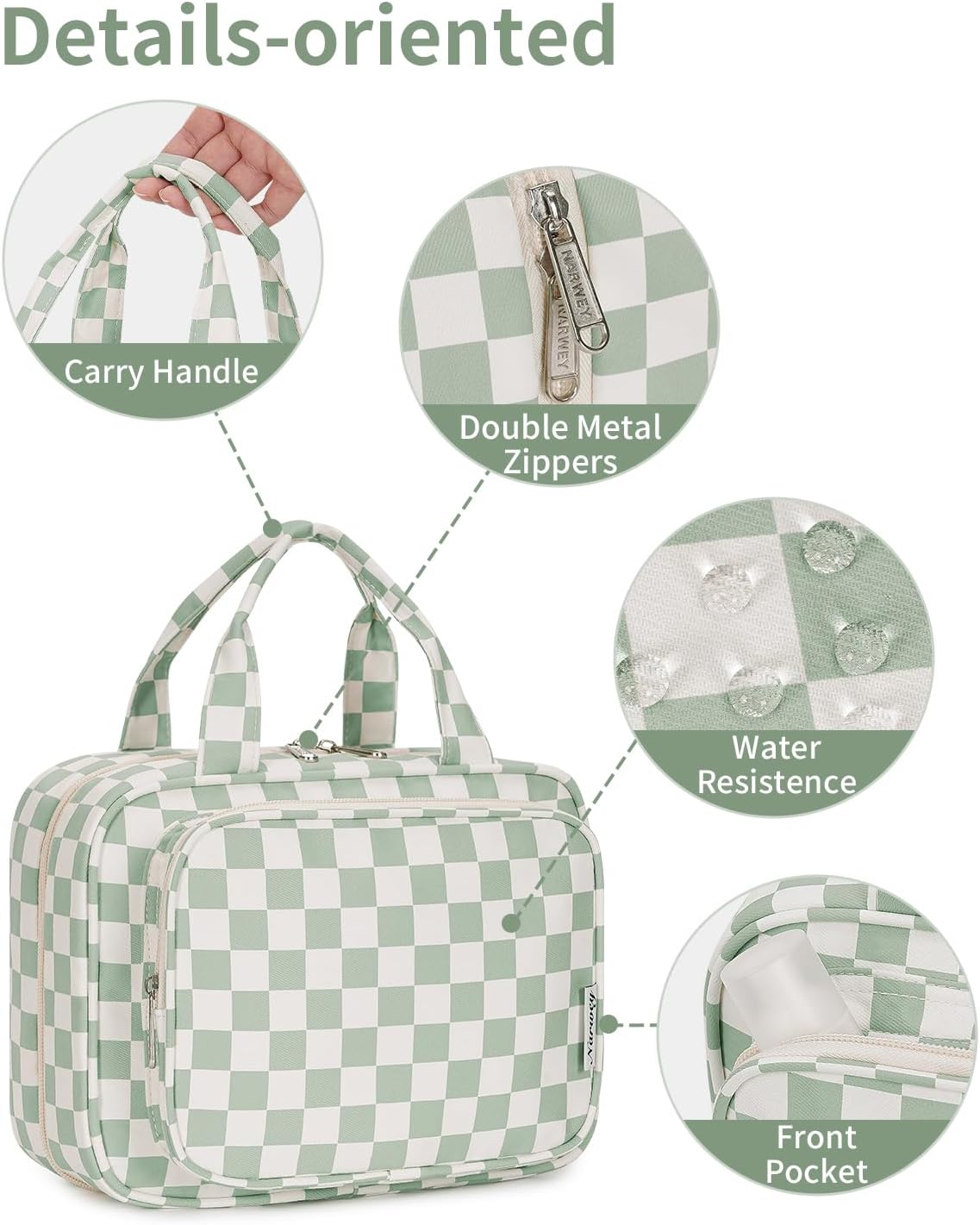 Narwey Hanging Toiletry Bag for Women Travel Checkered Makeup Bag Organizer Toiletries Bag for Travel Size Essentials, Accessories, Brushes, Cosmetics (Green Checkerboard (Medium))