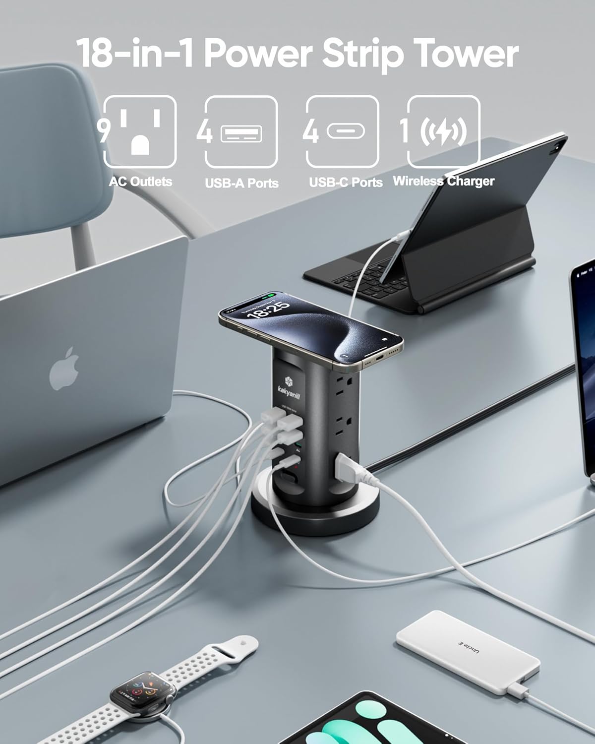 Kakyanill 115W USB Charging Station, Power Strip Tower, 9 AC Outlets with 8 USB Ports(4 USB-C), 6Ft Flat Plug Retractable Extension Cord, for Home Office Dorm, Black