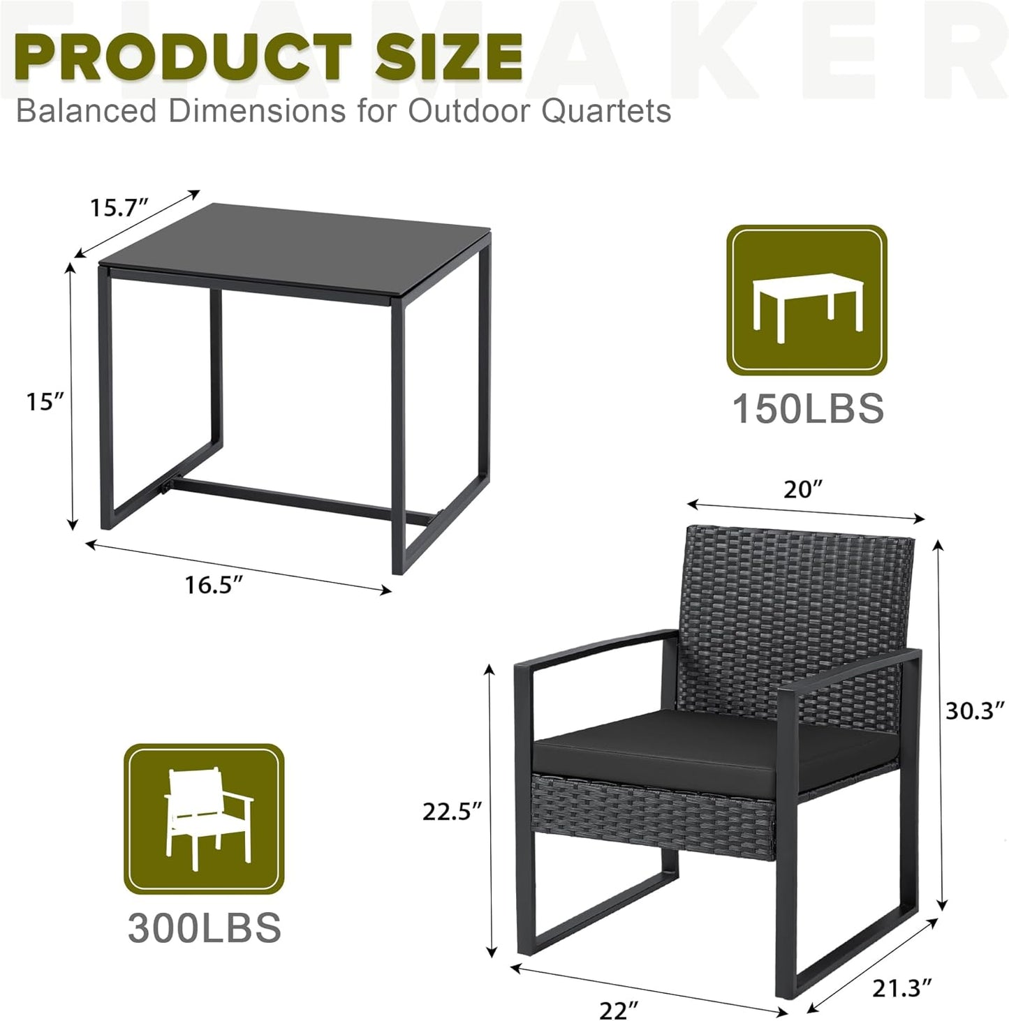 Flamaker 3 Pieces Outdoor Patio Wicker Furniture Set, Modern Rattan Chair Conversation Sets with Coffee Table for Yard and Bistro (Black)