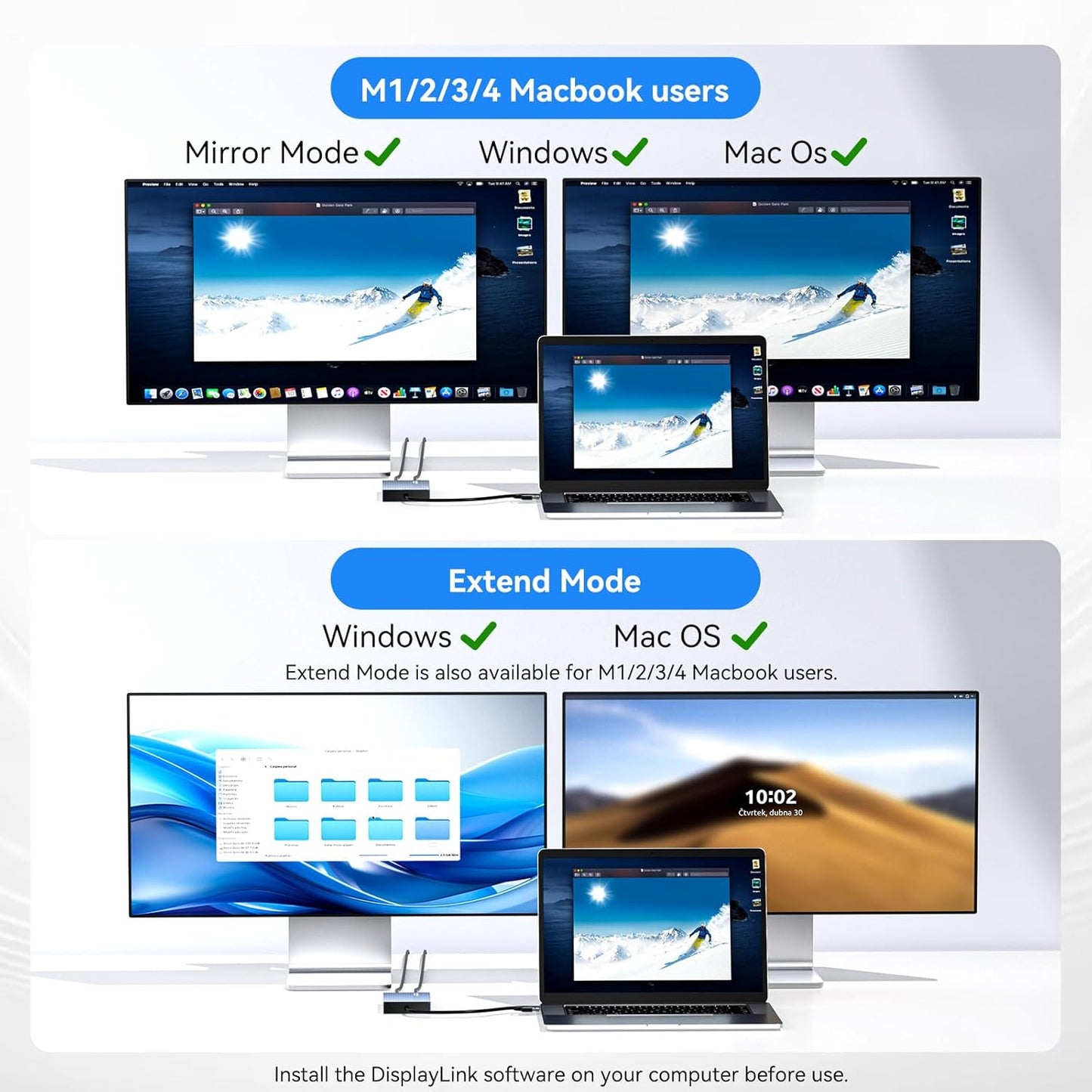 ACASIS USB C to Dual HDMI DisplayLink Adapter, 4K@60Hz, 2 HDMI & 3 USB-A Ports, 100W PD Charging, USB C DisplayLink Docking Station for Mac M1/M2/M3/M4/M5/Neo/Windows,USB A/C to Dual Monitor Adapter