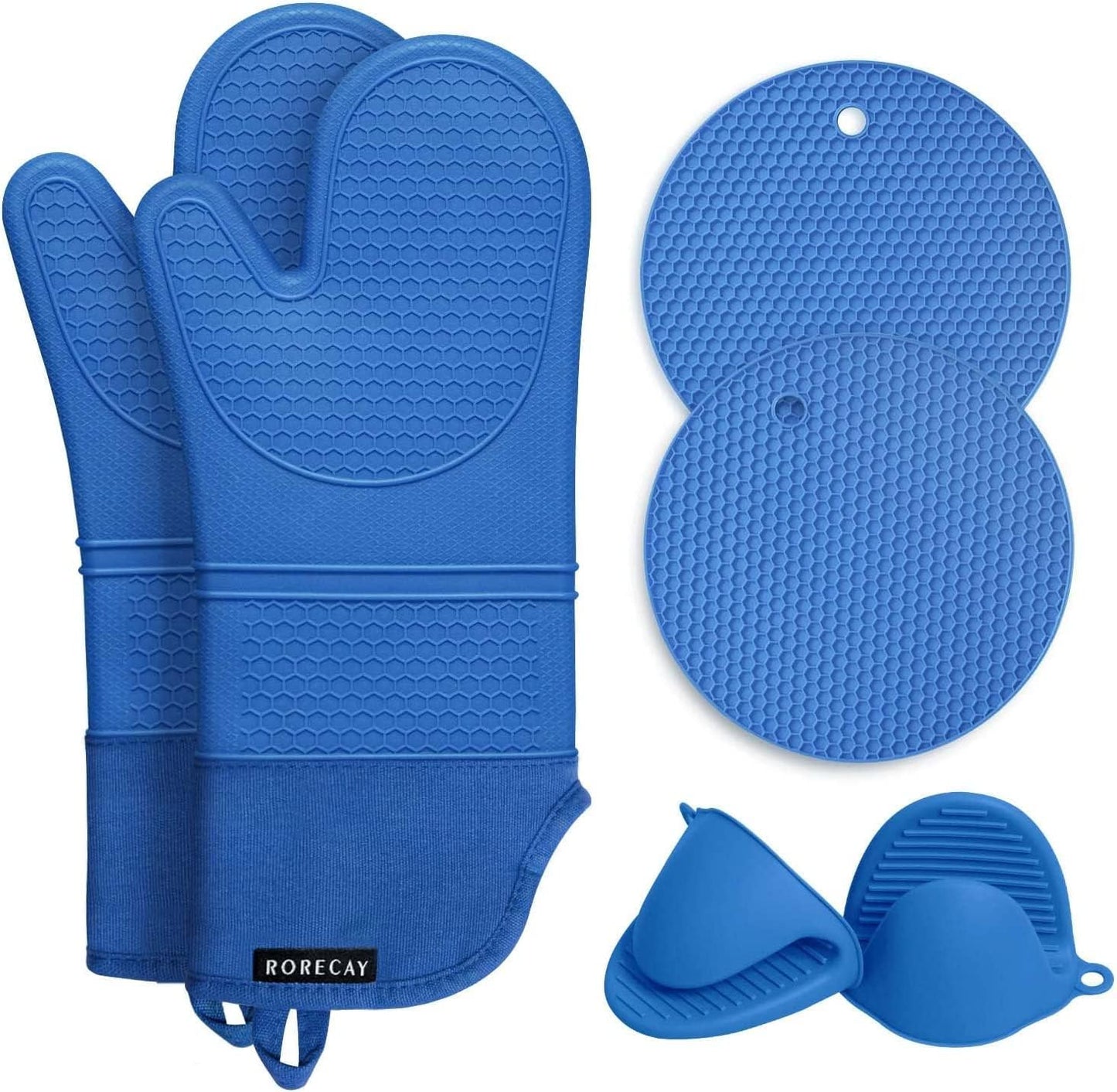 Rorecay 6pcs Oven Mitts and Pot Holders Sets Heat Resistant 500 Degrees, Extra Long Silicone Oven Gloves Non-Slip Potholders Hot Pads for Kitchen Baking Cooking, Quilted Liner, Bermuda Teal