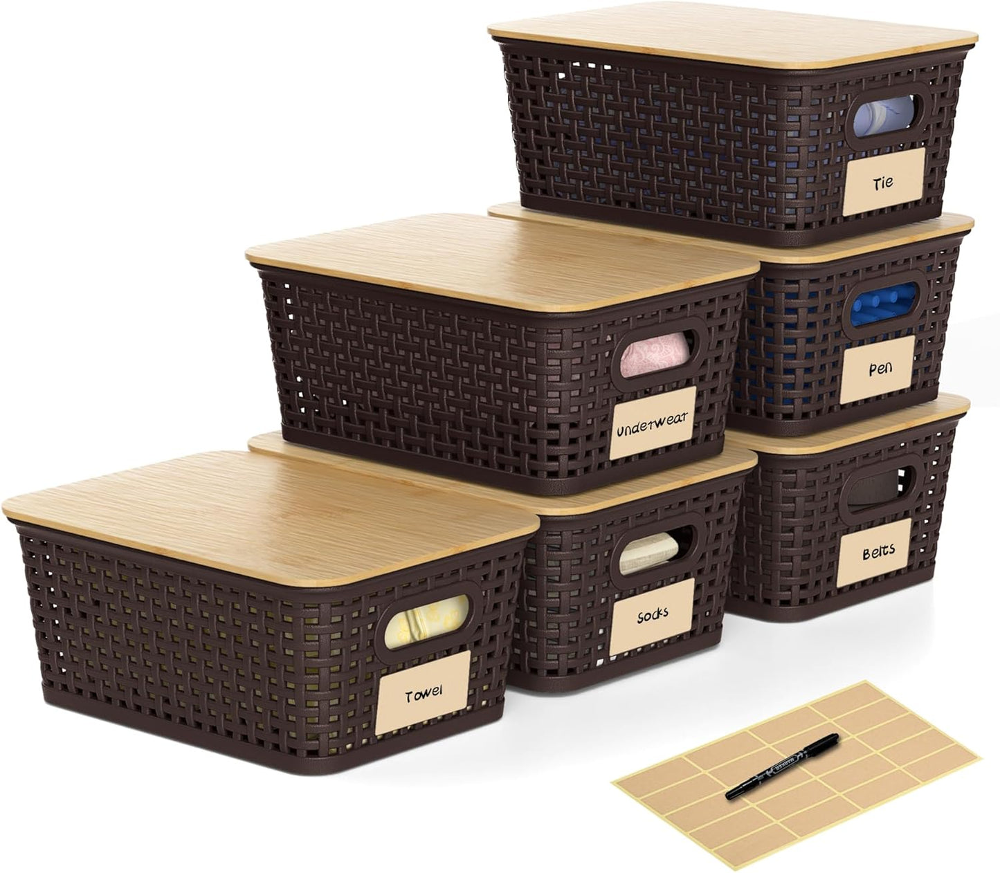 6 Pack Plastic Storage Baskets,Brown bamboo lid storage Box