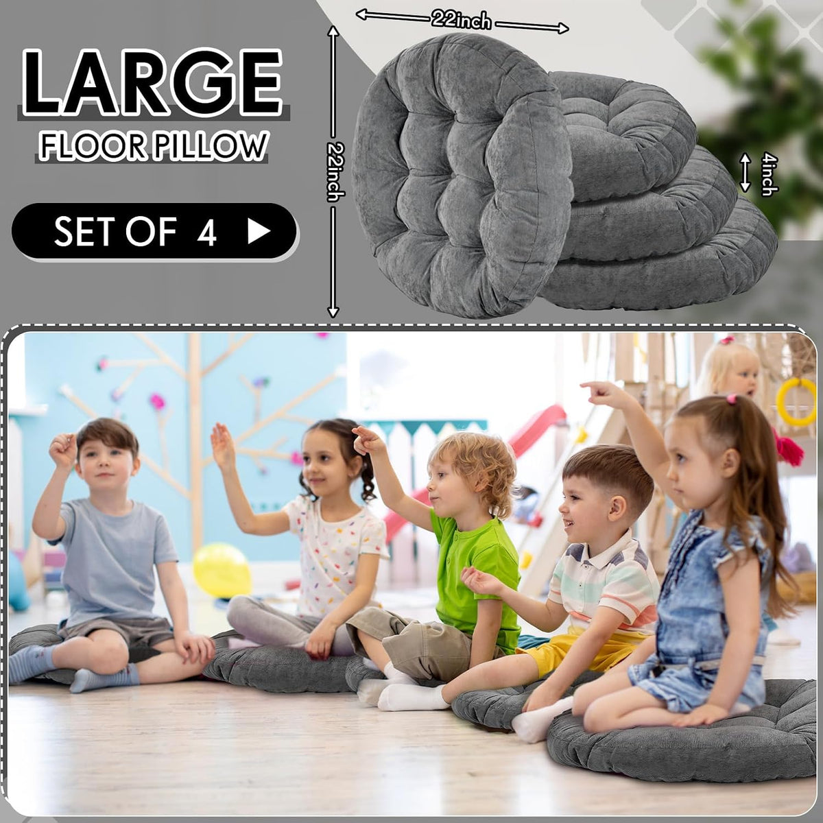 Jerify Dark Grey 4 Pcs Large Floor Pillow Cushion,Round 22 x 22