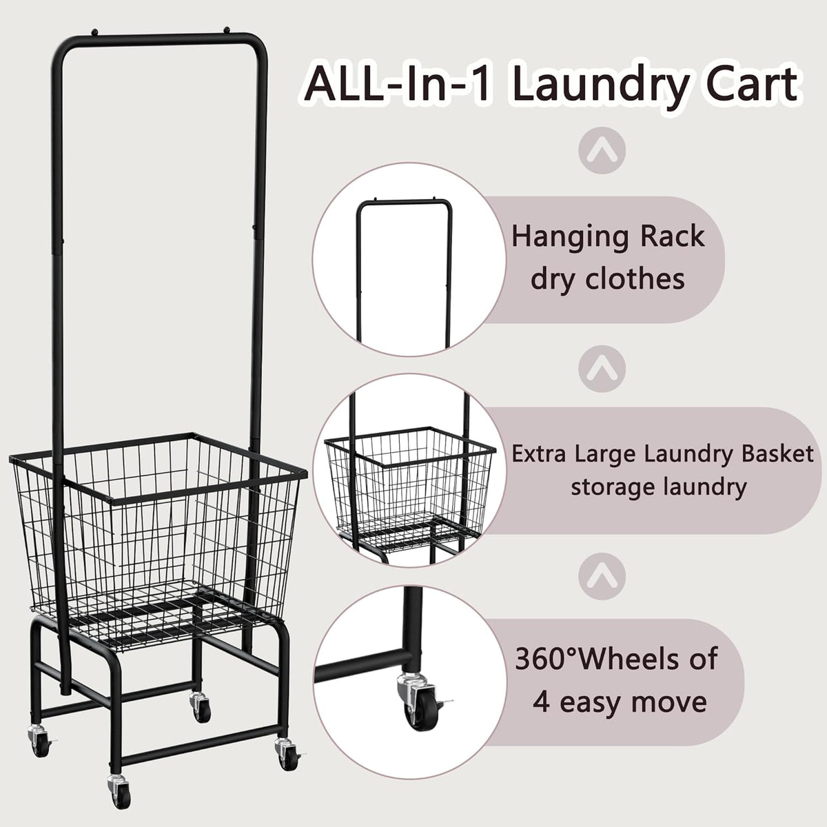 Rolling Laundry Cart with Wheels, Extra Large Laundry Hamper Basket Organizer with Clothes Hanging Rack, Wire Storage Cloth Shelf Butler, Black