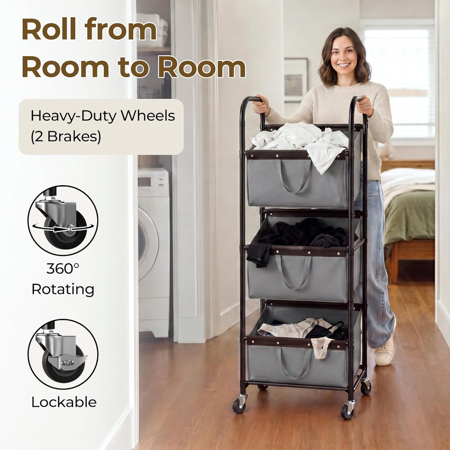 GRANNY SAYS 3 Section Tiered Laundry Sorter, Slim Vertical Laundry Hamper with Wheels, Narrow Rolling Laundry Cart with Removable Bags for Laundry Room, Bathroom, Closet, Dorm, Grey