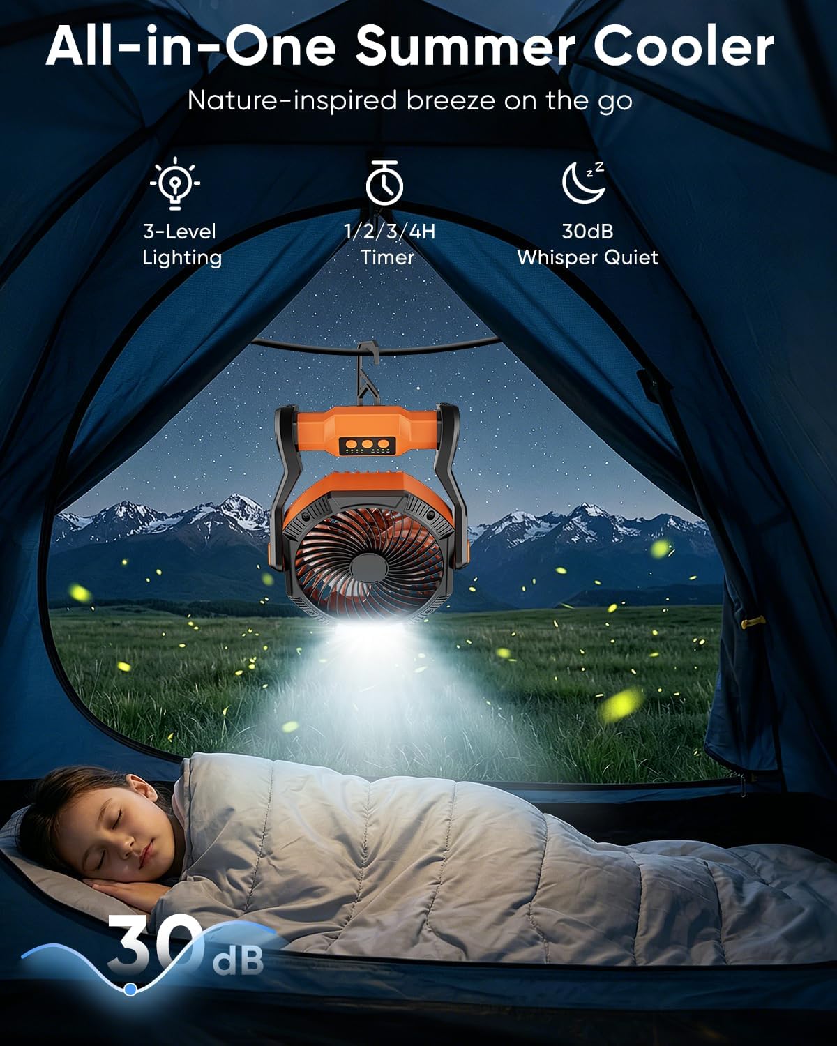 Portable Rechargeable Fan, 20000mAh Battery Powered Camping Fan with LED Light & Hook, 270° Adjustable, 4-Speed, 4H Timer Camping Essentials for Outdoor Tent Travel BBQ Car_Orange