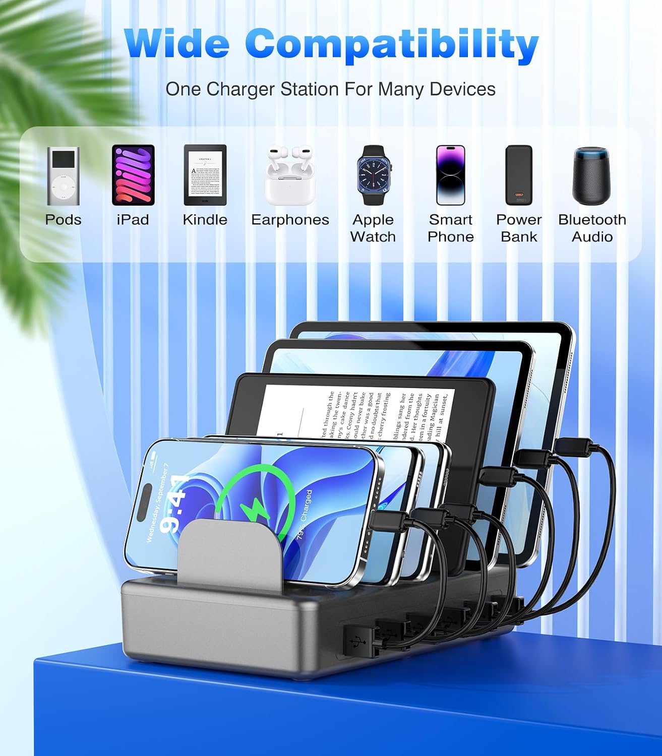 50W 6 USB Port Charging Station for Multiple Devices, Multi Charger Station | with 6 Cables, USB-A to USB-C Adapter Converter, Compatible with iPhone,iPad Kindle Tablet and Other Electronic（Space Gray)