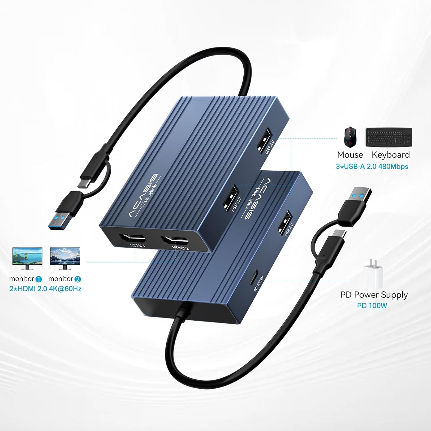 ACASIS USB C to Dual HDMI DisplayLink Adapter, 4K@60Hz, 2 HDMI & 3 USB-A Ports, 100W PD Charging, USB C DisplayLink Docking Station for Mac M1/M2/M3/M4/M5/Neo/Windows,USB A/C to Dual Monitor Adapter