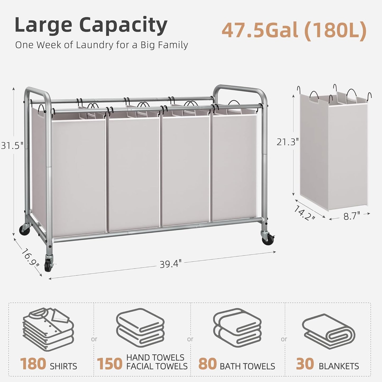 STORAGE MANIAC Laundry Sorter 4 Section, 47.5 Gal (180 L) Laundry Hamper with Wheels, Clothes Divider Basket Sorter, Clothes Separator Hamper Cart with Wheels and Removable Bags, Gray